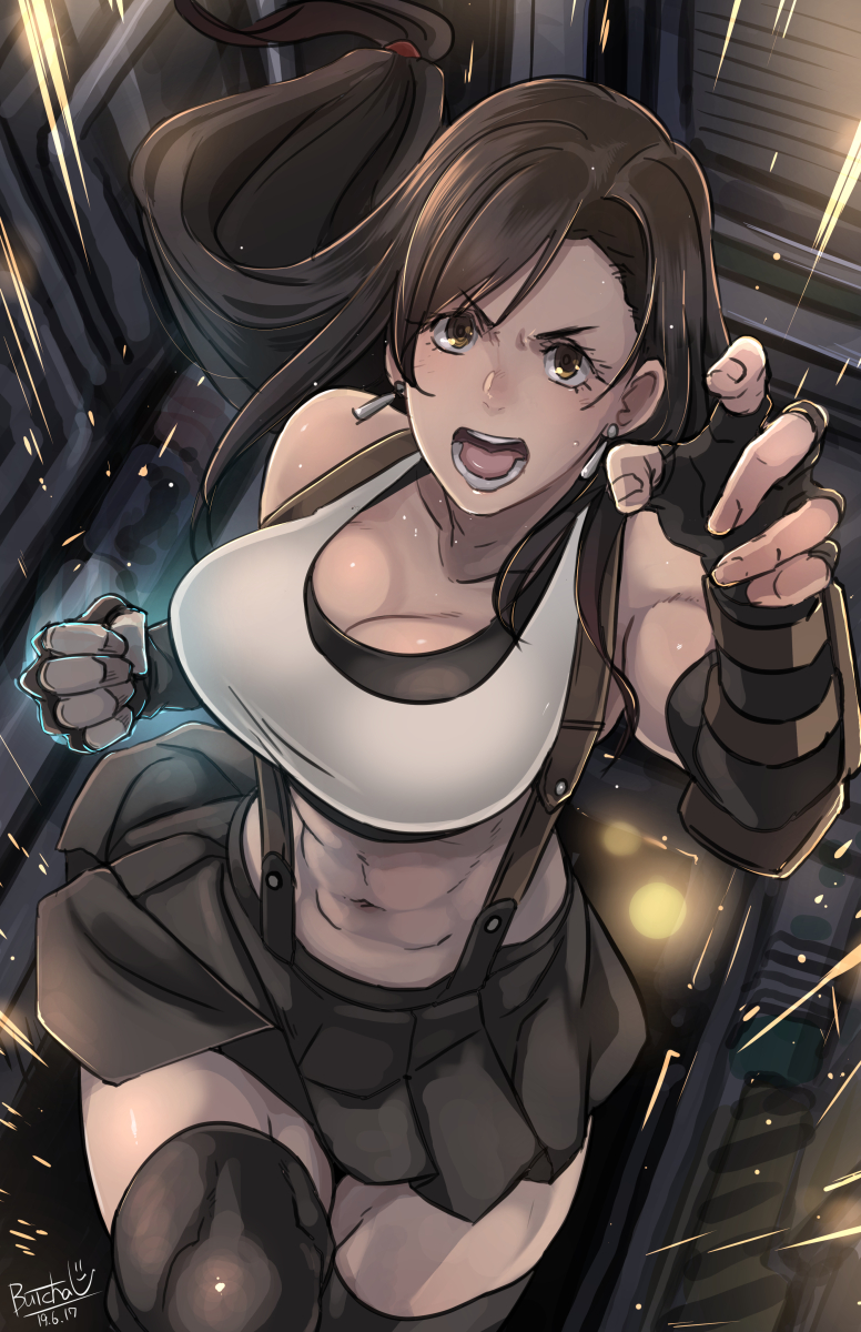 abs, angry, belly, breasts, butcha-u, cleavage, eroquis, female, final fantasy, final fantasy vii, large breasts, midriff, skirt, tifa lockhart, toned