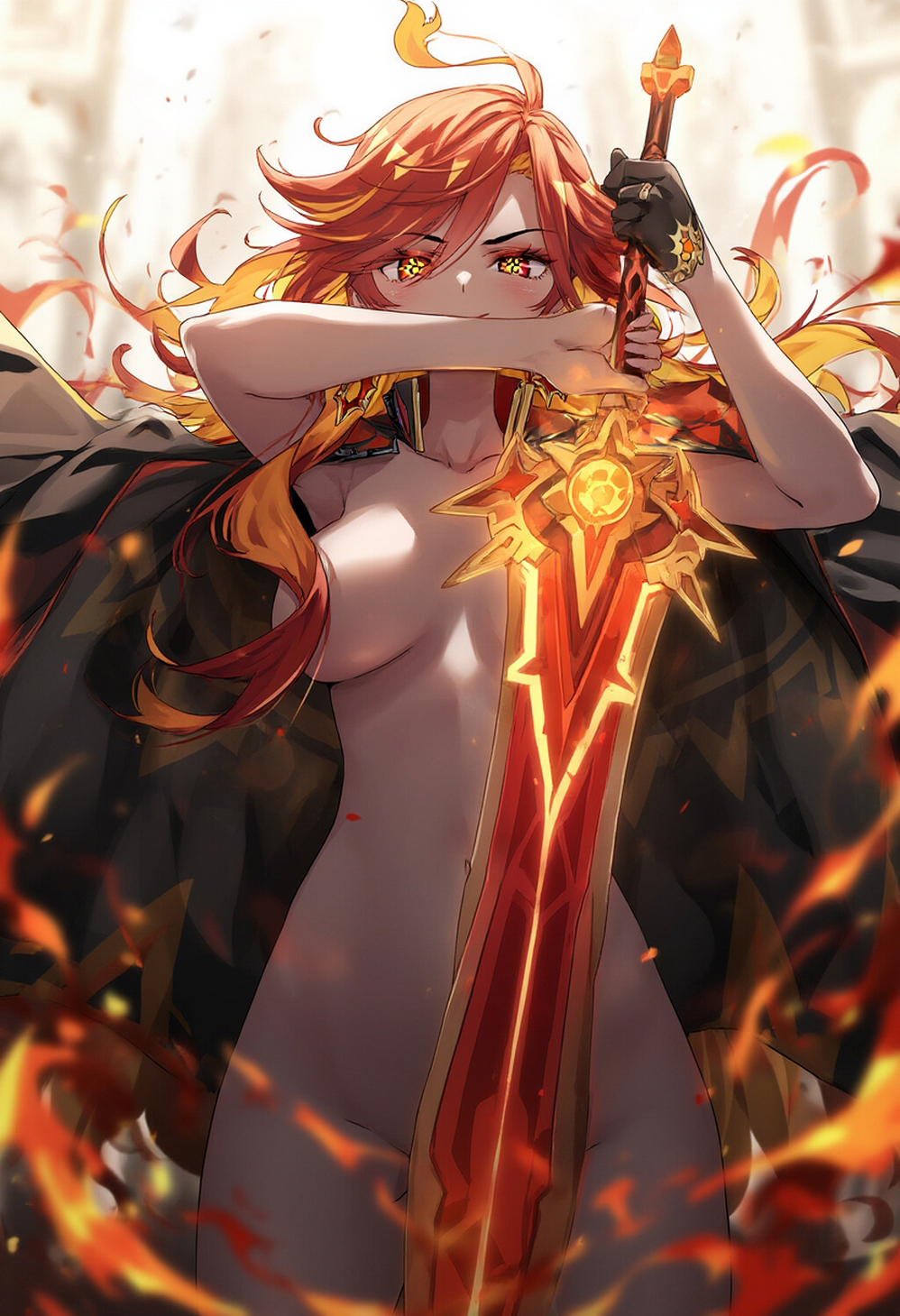ai generated, barely clothed, breasts, convenient censoring, convenient censorship, female, fire, genshin impact, mavuika (genshin impact), mihoyo, smile, smirk, solo, sword, timmytommy, viewed from below