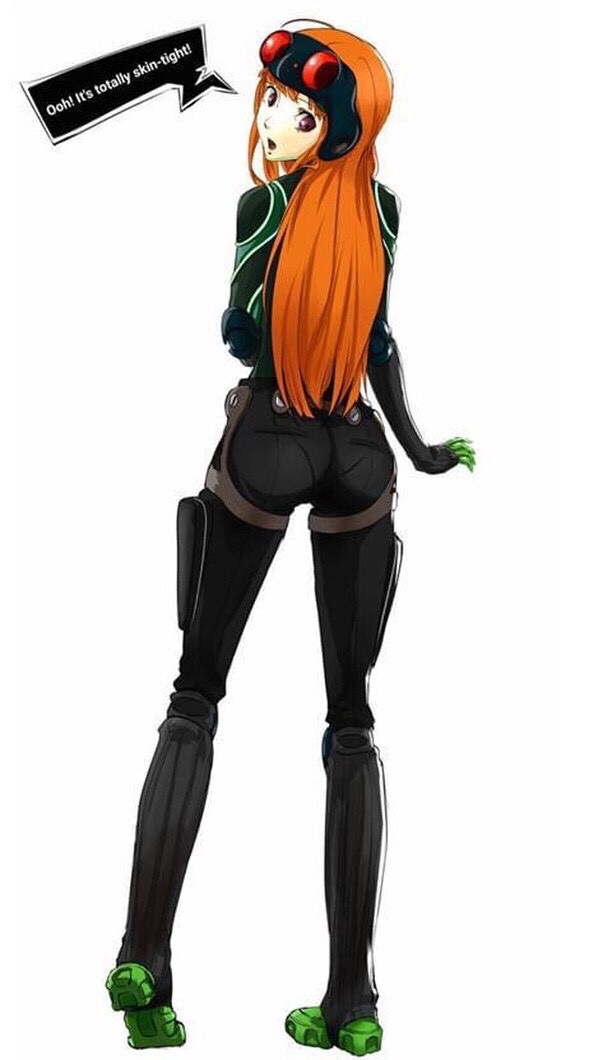 1girls, ass, atlus, bodysuit, english text, female, female focus, female only, fully clothed, goggles, goggles on forehead, long hair, looking at viewer, orange hair, pantylines, persona, persona 5, phantom thief suit, sakura futaba, skintight, solo, suit, talking to viewer, text, text box, tight clothing