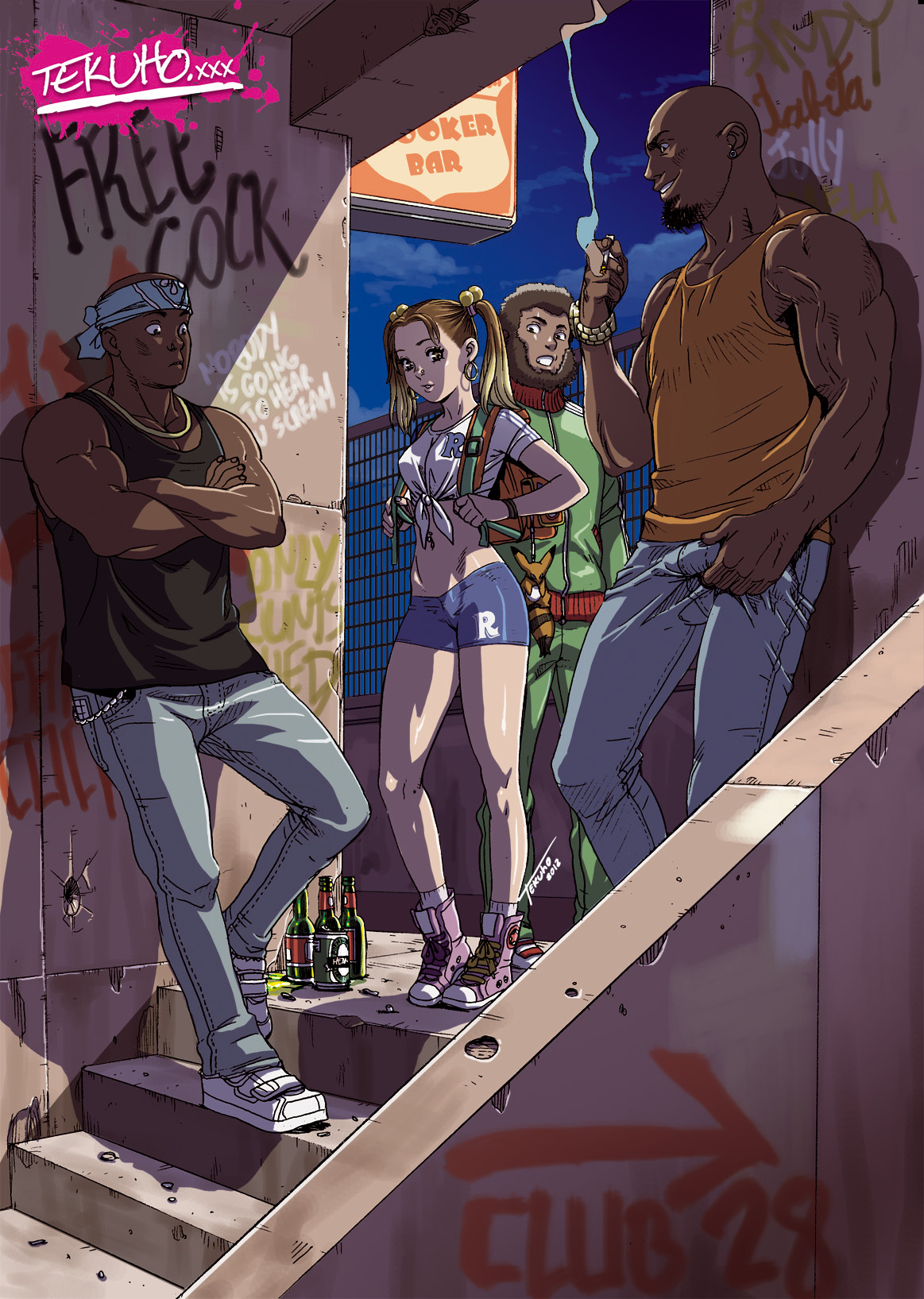 1girls, 3boys, alley, brown hair, club, dark skin, dark-skinned male, female, imminent gangbang, imminent sex, lisa (tekuho), male, original, schoolgirl, smoking, stairs, tekuho, wall writing