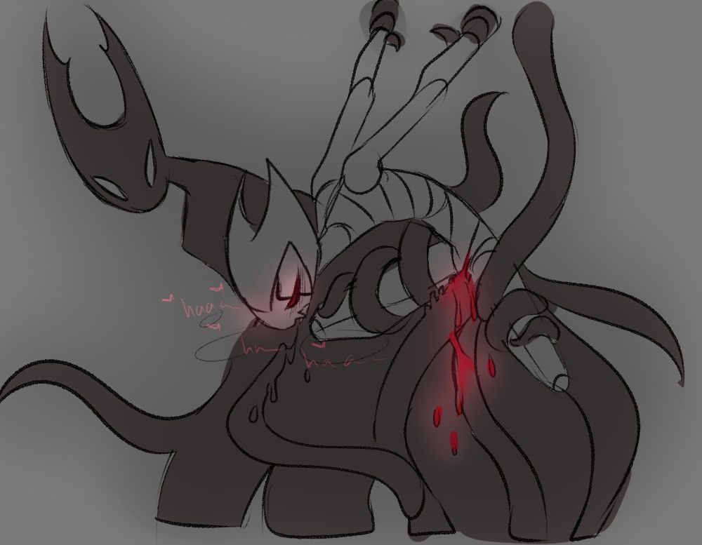 1boy 2_horns ambiguous_gender anthro anthro_on_anthro anthro_penetrated anthro_penetrating anthro_penetrating_anthro arms_behind_back arthropod black_horn black_horns blush grimm_(hollow_knight) held_up hollow_knight hollow_knight_(character) horn horns insects long_horn long_horns oral penetration red_cum sharp_teeth tendrils tentacle yawntyy