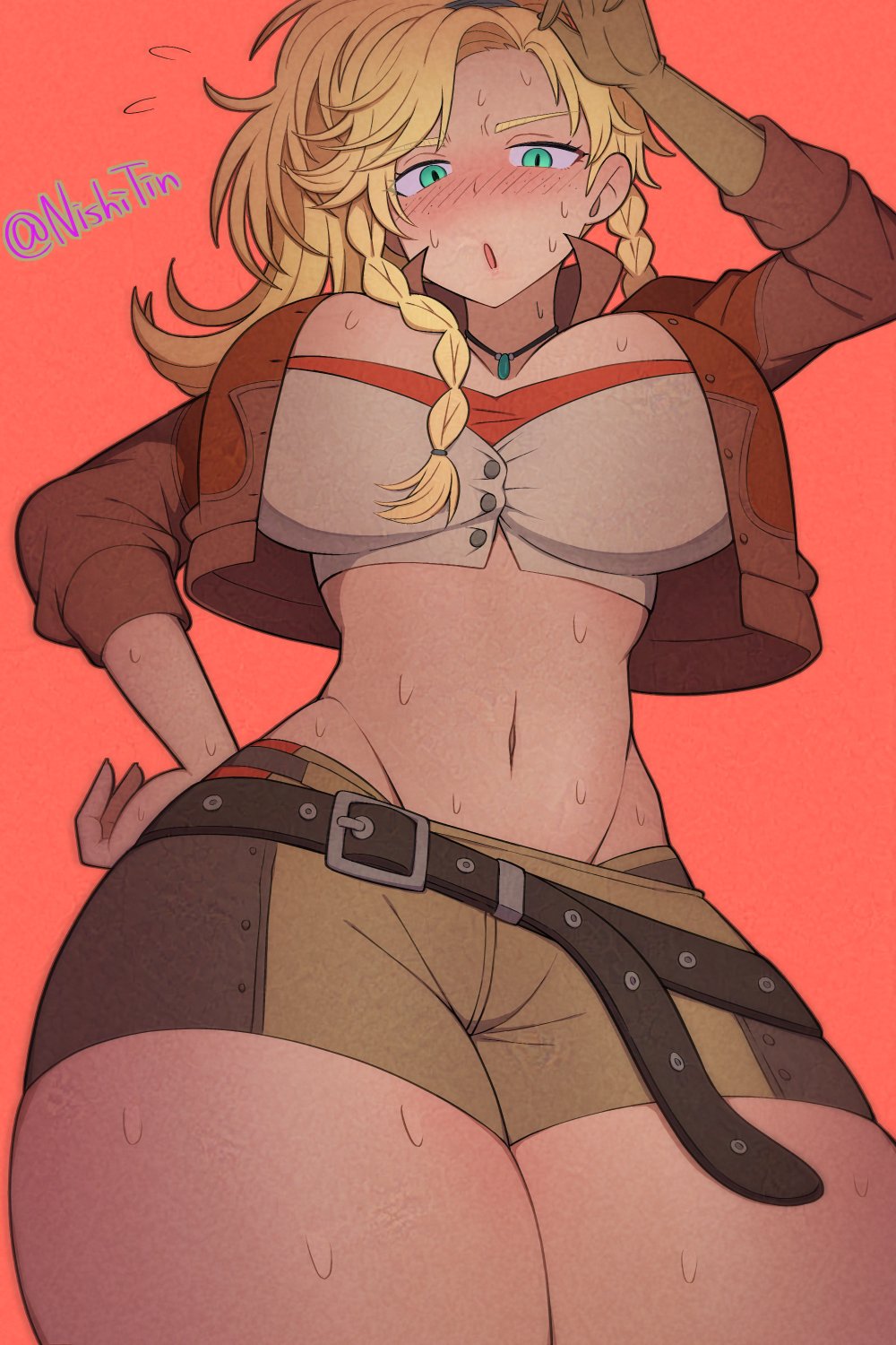 belt buckle, big breasts, big thighs, blonde hair, breasts, curvy body, female, female only, gemma (monster hunter wilds), monster hunter wilds, nishitin, sweatdrop, thick thighs
