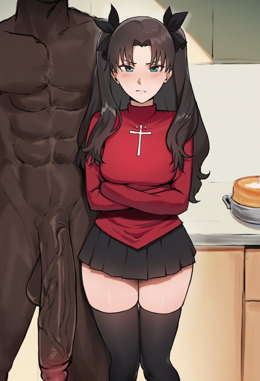 1girls, ai generated, blush, cheating, cuckold, dark-skinned male, fate (series), female, green eyes, interracial, large breasts, large penis, netorare, thick thighs, thighhighs, tohsaka rin