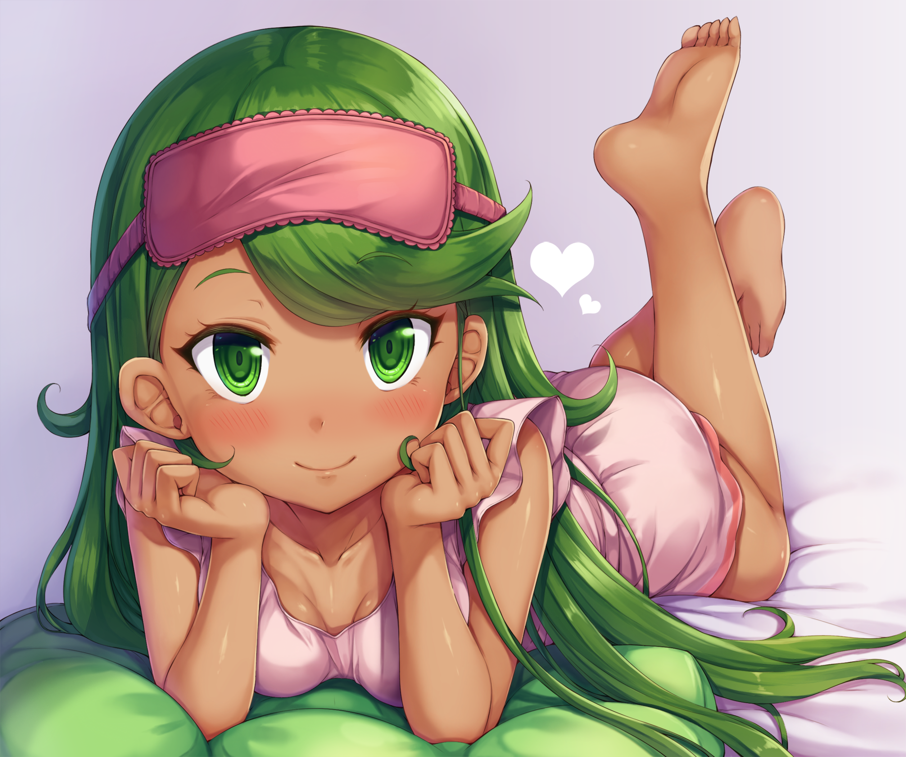 1girls, barefoot, bed, blush, cute, dark skin, dark-skinned female, feet, female, female only, green eyes, green hair, human, legs up, long hair, looking at viewer, lying on stomach, mallow (pokemon), nightgown, on stomach, pajamas, pokemon, pokemon sm, seductive, sleeping mask, smile, snowcanvas, soles, solo female, tanned skin, the pose, toes, young