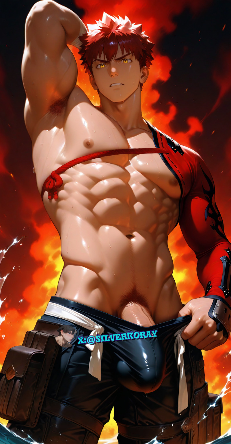 1boy, abs, ai generated, angry, armpit hair, armpits, bara, biceps, bulge, emiya shirou, fate (series), flexing, frown, frowning at viewer, looking at viewer, looking down, looking down at viewer, low-angle view, male, male only, muscular, muscular arms, muscular chest, nipples, pecs, penis, pov, pov eye contact, pubic hair, red hair, serious, silverkoray, solo, solo male, standing, standing over viewer, tight clothing, yaoi