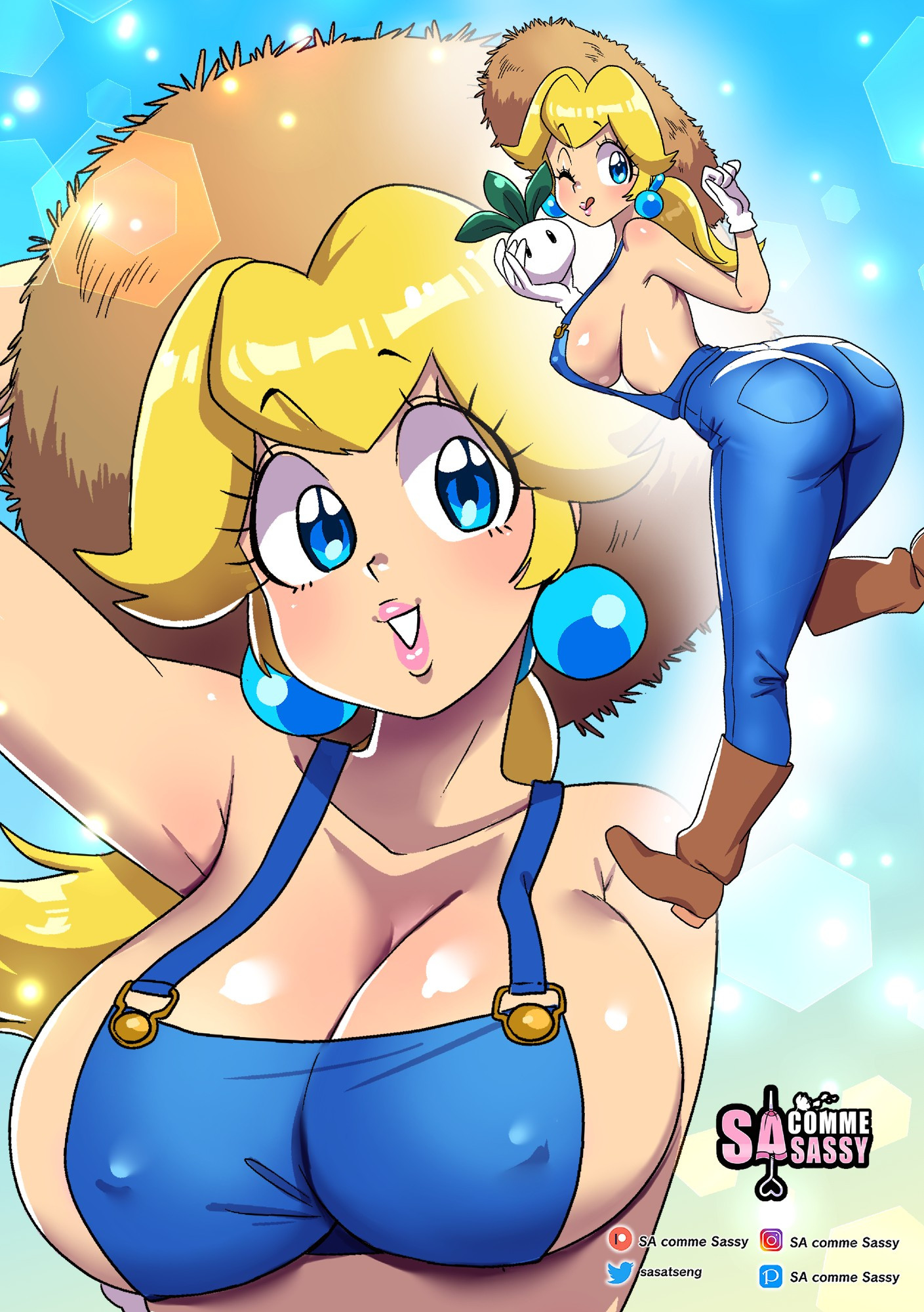 1girls, 2d, artist logo, ass, big breasts, blonde hair, blue eyes, boots, breasts, busty, color, covered nipples, earrings, farmer, farmgirl, female, female only, hat, huge breasts, large breasts, mario (series), nintendo, no bra, overalls, pink lips, princess peach, princess peach (farmer), sasatseng, sideboob, solo, straw hat, tagme, tied hair, tongue, tongue out, wink, winking