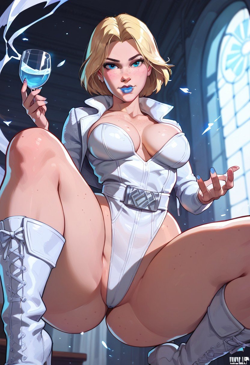 ai generated, ass, big, blonde female, blue lipstick, blue nails, bob cut, female, leotard, marvel, marvel comics, marvel rivals, open legs, thunder thighs