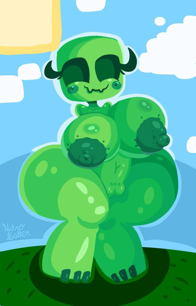 boobs out, breasts, creeper, creeper (minecraft), curvy thighs, female, green body, green skin, huge areolae, huge thighs, large breasts, minecraft, nipples, nitrobutter, no arms, pussy, round breasts, solo, square head, vagina