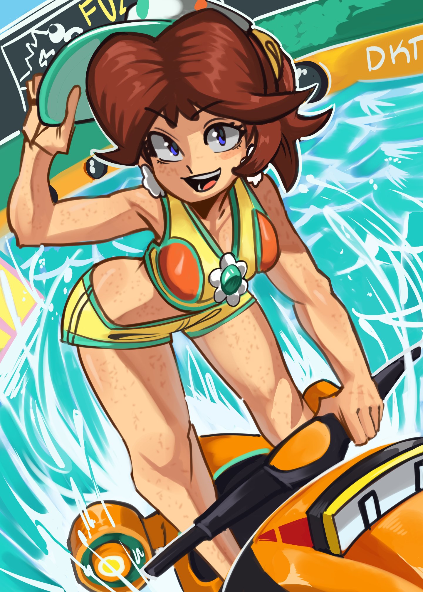 1girls, driving, female, freckles, mario (series), mario kart, mario kart world, moxydrawsmore, nintendo, official alternate costume, princess daisy, princess daisy (swimwear), tagme, tan body, tan skin, watersports