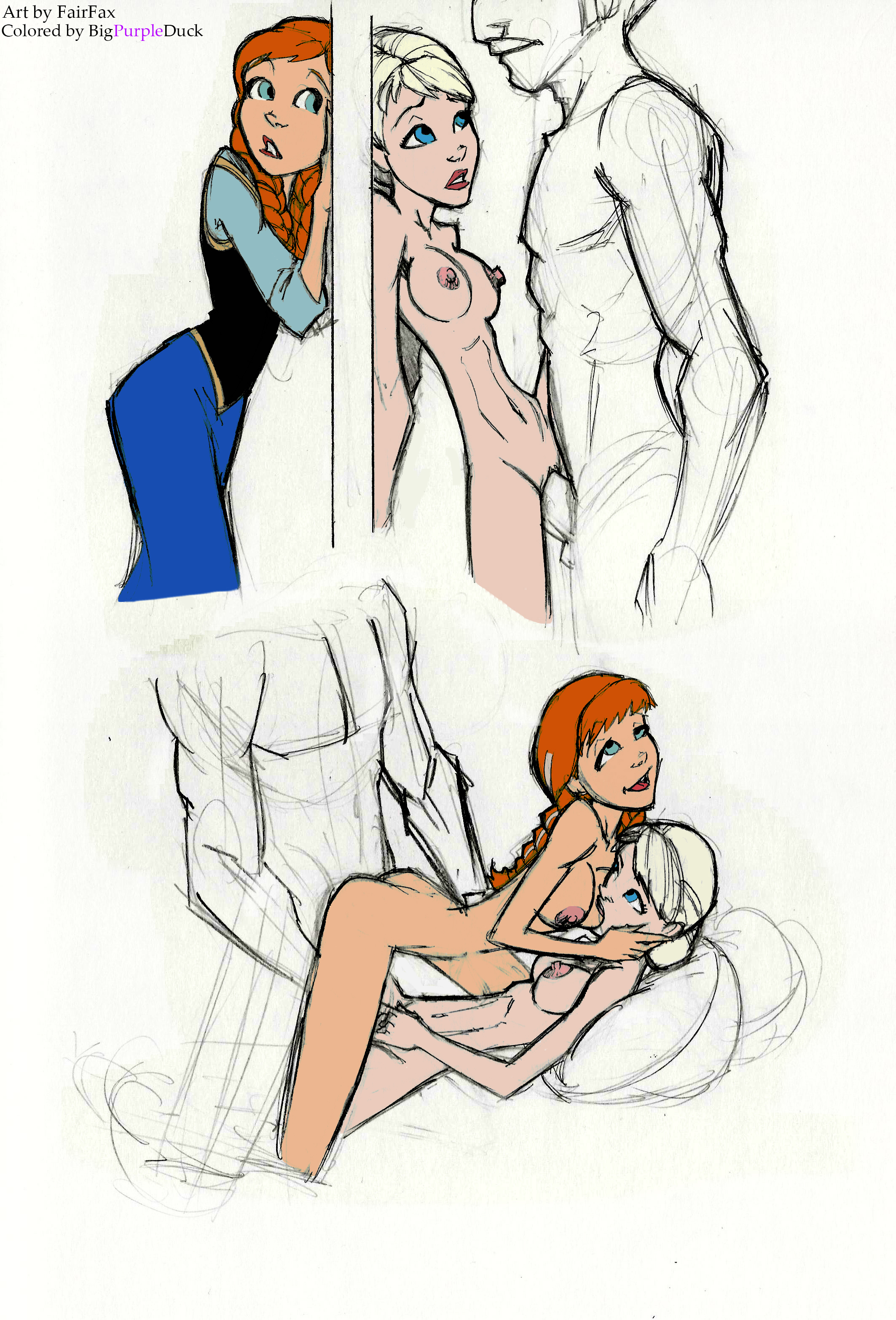 1boy, 2girls, age difference, anna (frozen), breasts, clothing, disney, elsa (frozen), fairfax, father and daughter, female, frozen (film), incest, king agnarr, male, sisters, small breasts, straight, threesome, uncensored