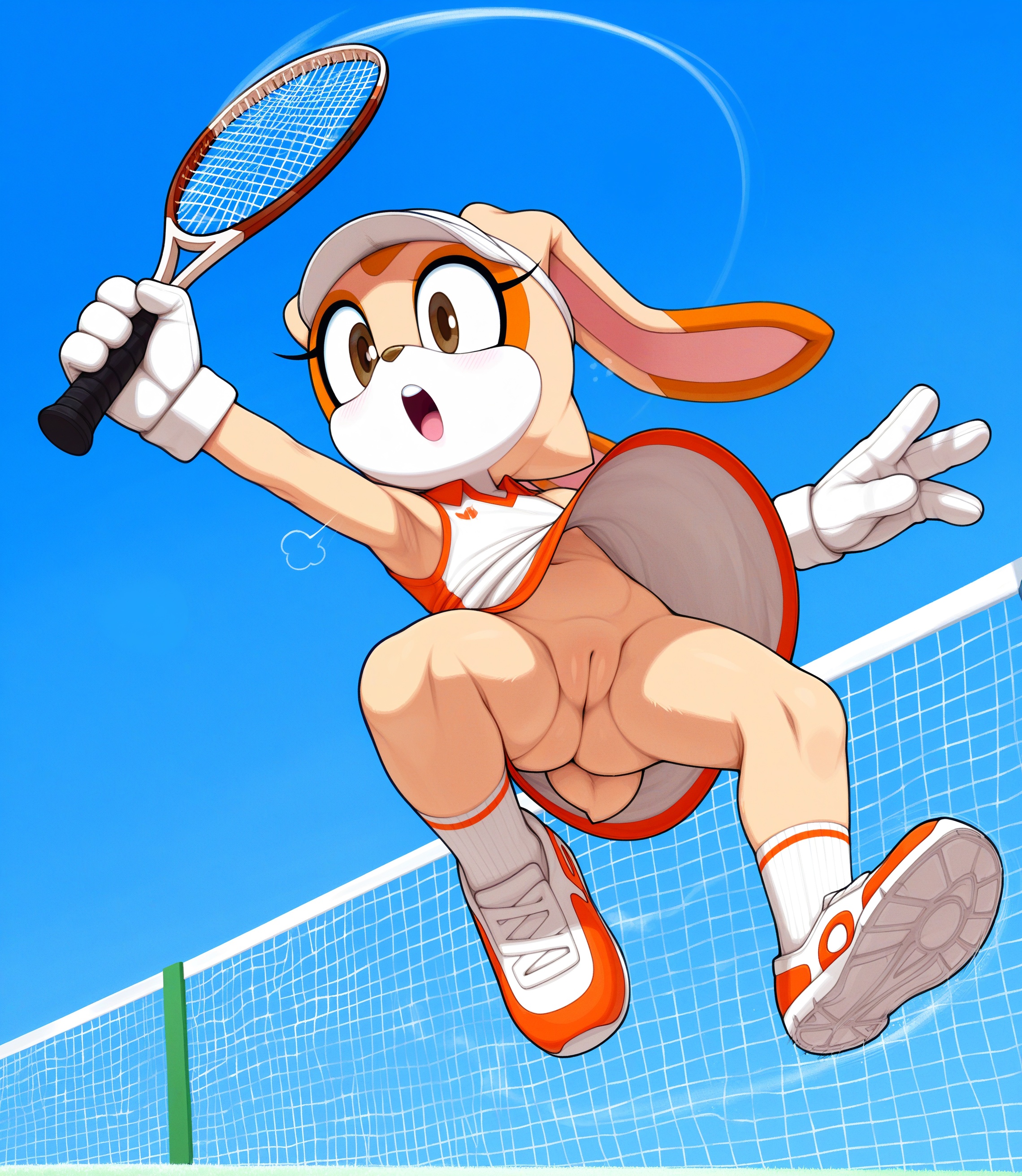 ai generated, anthro female, bottomless, bottomless anthro, bottomless female, breath, brown eyes, cream the rabbit, day, dress, eyelashes, female, female anthro, female furry, female only, flat chest, flat chested, furry, furry female, furry only, gloves, in air, jump, jumping, low angle view, low-angle view, mobian, navel, open mouth, outside, pussy, rabbit, shoes, socks, sonic (series), sonic the hedgehog (series), sweat, tan fur, tennis, tennis racket, tennis uniform, upskirt, visor
