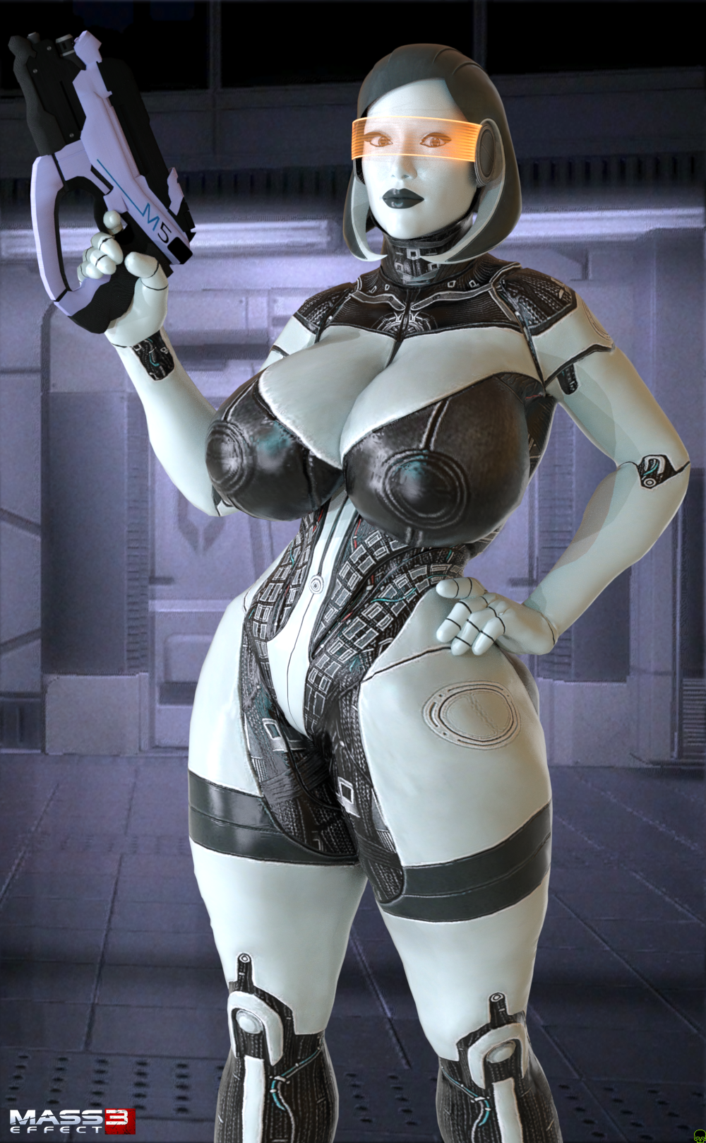 1girls 3d android artist_name big_breasts big_lips black_lips busty cleavage curvy detailed_background edi eyelashes female female_only front_view gun hand_on_hip hands_on_hip hands_on_hips holding_object hourglass_figure humanoid indoor inside looking_at_viewer mass_effect mass_effect_3 orange-tinted_eyewear pose posing robot robot_girl shadow shiny shiny_skin short_hair solo spread_legs spreading standing text tinted_eyewear video_game video_games visor voluptuous weapon wide_hips xskullheadx