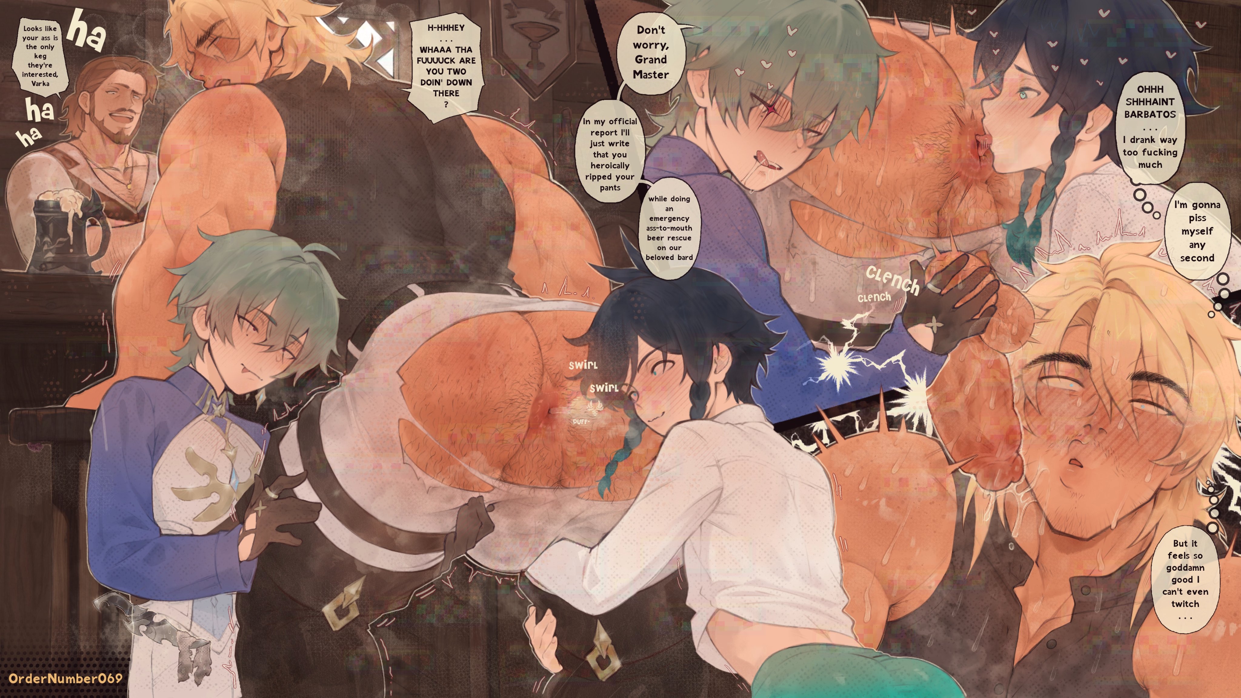 3boys, ahe gao, bara, big penis, clenched balls, embarrassed, gay, genshin impact, lohen (genshin impact), male, male on femboy, male only, male/male, ordernumber069, pleasure face, public nudity, rimjob, rimming, rimming male, ripped pants, twink, varka (genshin impact), venti (genshin impact), yaoi