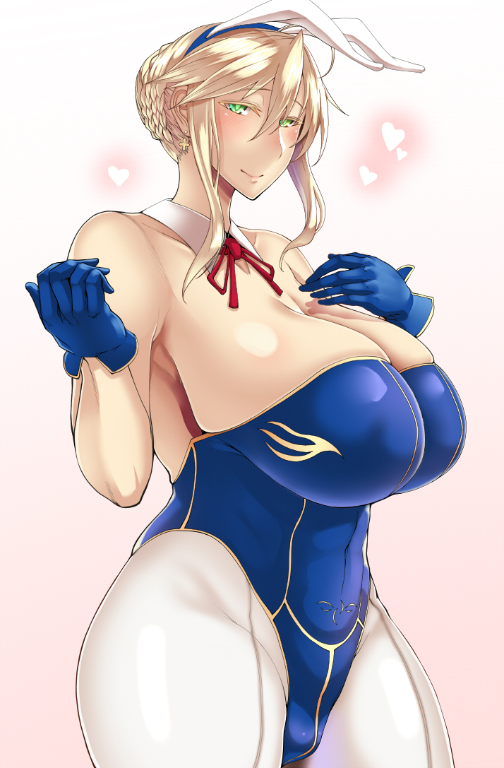 artoria pendragon, artoria pendragon (lancer), blonde hair, breasts, bunny ears, bunnysuit, curvaceous, curvy, earrings, fate (series), fate/grand order, female, green eyes, huge breasts, large breasts, looking at viewer, standing, tanishi (tani4), thick thighs, venus body, white background