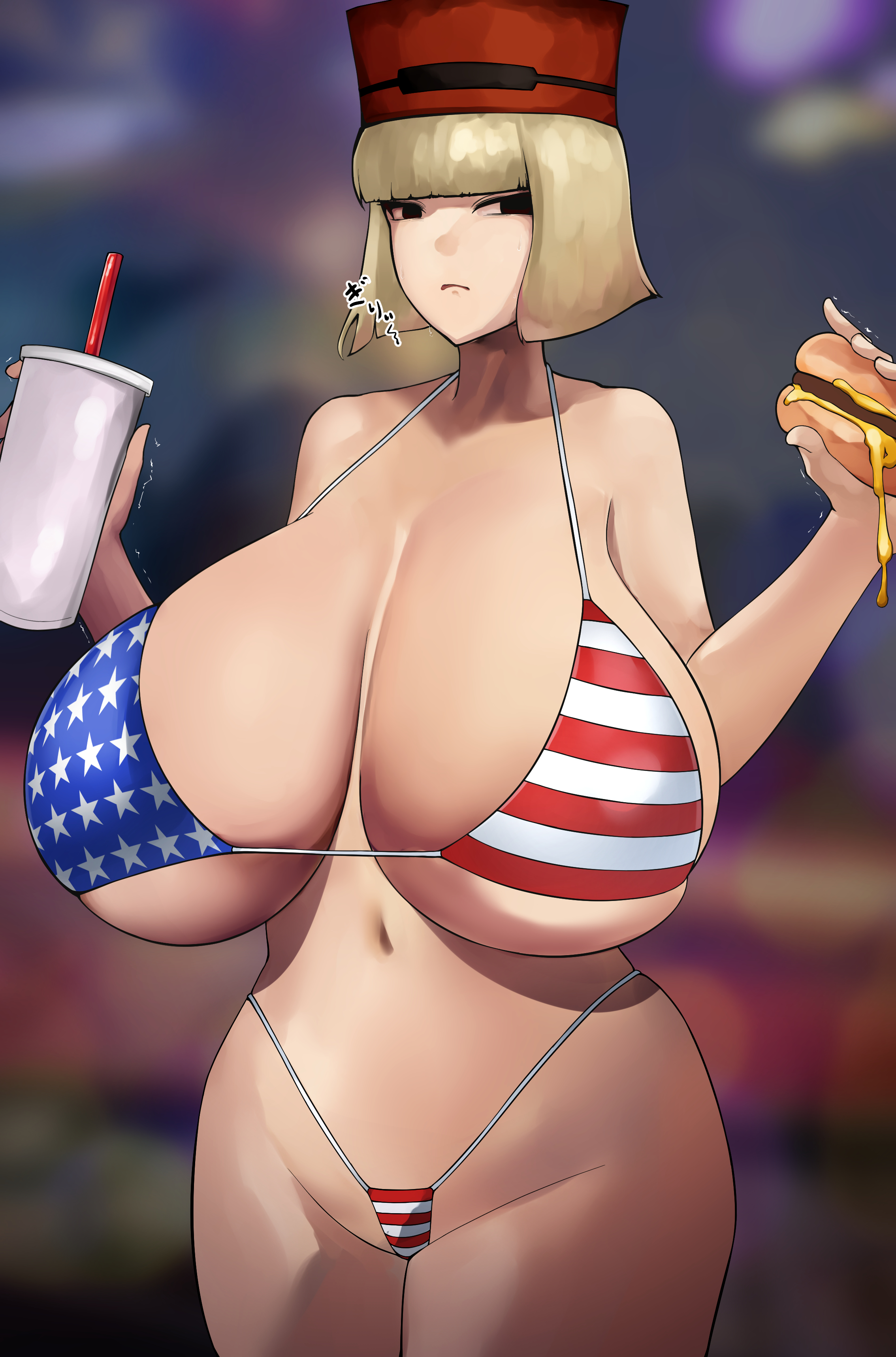 1girls, alternate breast size, american flag bikini, bikini, black eyes, blonde hair, blunt bangs, breasts, breasts bigger than head, burger, busty, curvy, delivery employee, drink, embarrassed, empty eyes, fate (series), fate/grand order, female, female only, grimace, hat, headwear, holding food, holding object, hourglass figure, huge breasts, japanese text, large breasts, light skin, light-skinned female, looking at viewer, massive breasts, navel, sen no rikyu (fate), short hair, sirosoil, solo, sweat, sweatdrop, swimsuit, trembling, wide hips