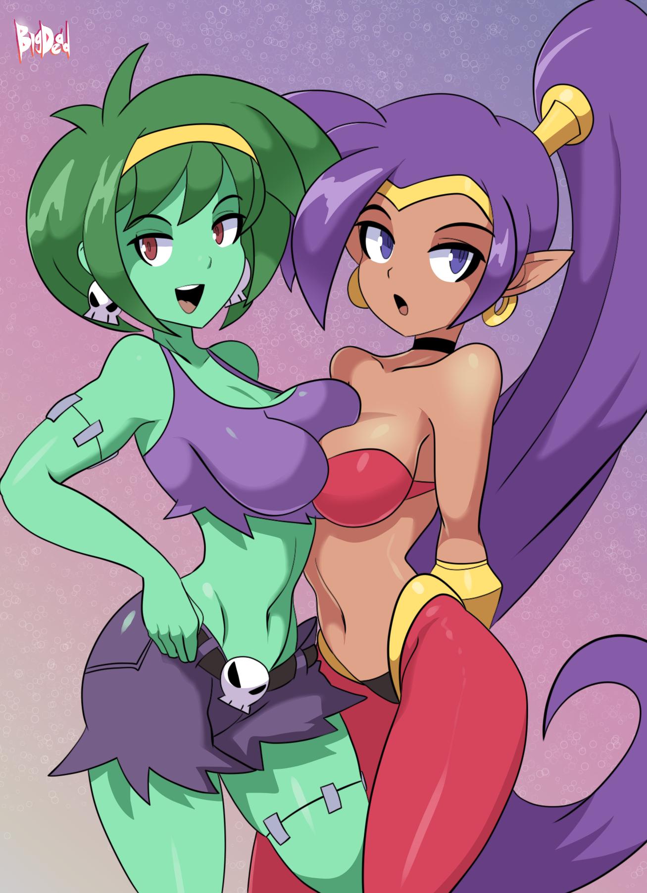 2girls, bigdeadalive, breast squish, breasts, clothing, female, female only, green eyes, green hair, green skin, hair, long hair, multiple females, multiple girls, purple hair, red eyes, rottytops, shantae, shantae (character), shorts, smooth skin, symmetrical docking, undead, video games, zombie