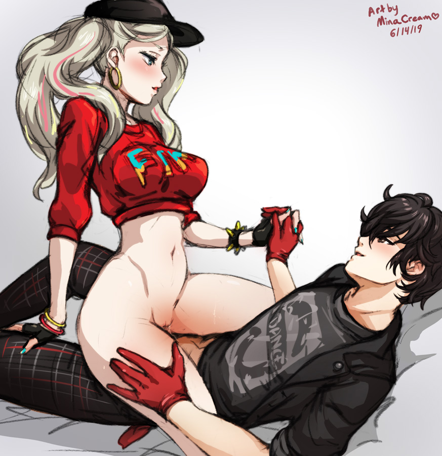 1boy, 1girls, ann takamaki, ann takamaki (starlight), artist name, atlus, black hair, blonde hair, blue nails, bottomless, breasts, clothed sex, clothing, cowgirl position, crop top, duo, earrings, female, fingerless gloves, gloves, hair, hand holding, hoop earrings, joker (persona), long hair, male, mask, megami tensei, minacream, nail polish, nipple bulge, partially clothed, penetration, persona, persona 5, persona 5: dancing star night, pussy, ren amamiya, riding, sex, straight, tagme, vaginal penetration, video games