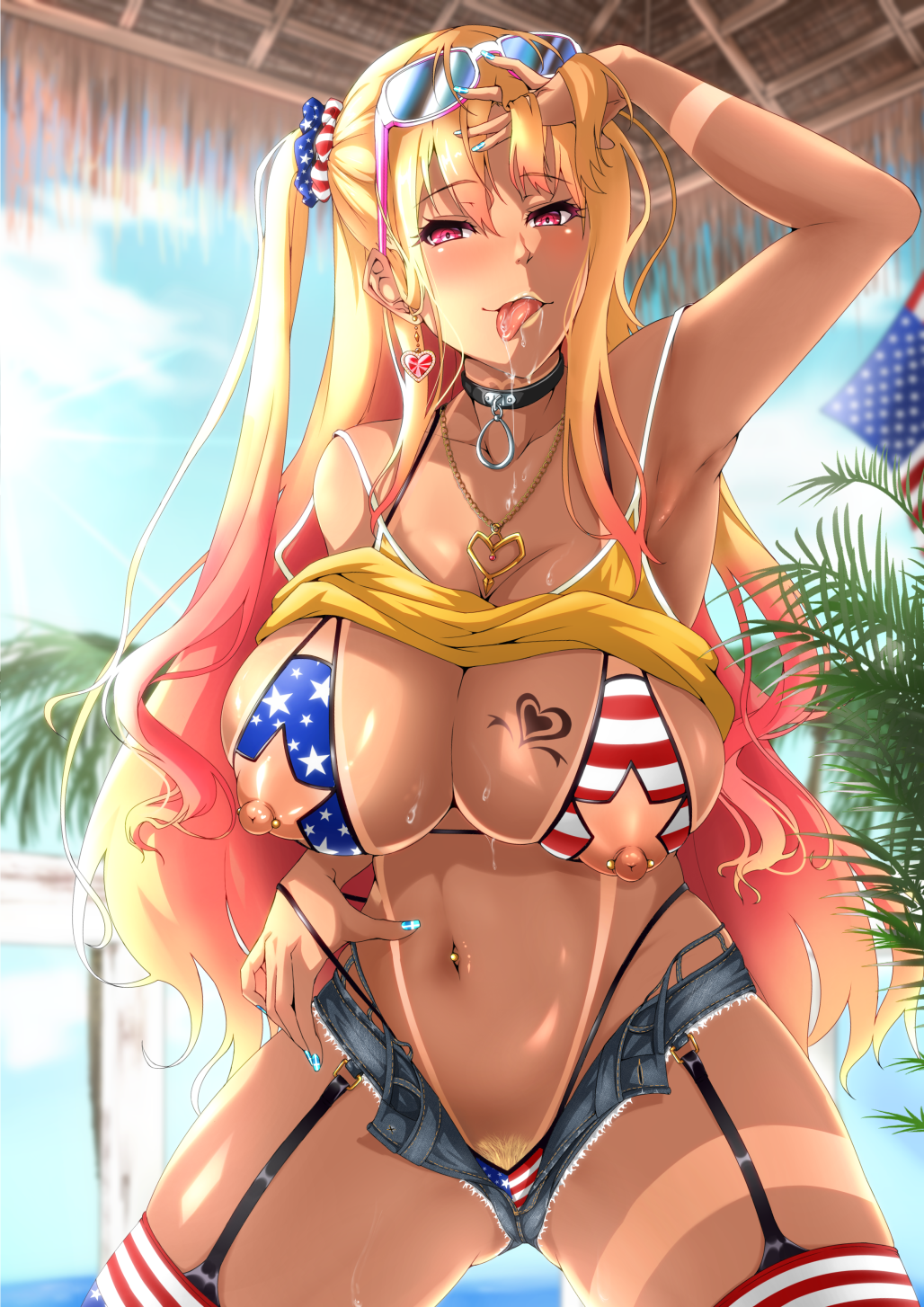 1girls adjusting_hair american_flag american_flag_bikini american_flag_legwear areolae armpits ass_visible_through_thighs bikini bikini_under_clothes bimbo black_collar blonde_hair blonde_pubic_hair blue_nails blue_shorts blush breast_tattoo breasts clothes_lift collar collarbone curvaceous curvy cutoffs dark-skinned_female dark_skin day denim denim_shorts drooling earrings erect_nipples eyebrows_visible_through_hair eyewear_on_head female female_pubic_hair flag_print garter_straps gradient_hair gravity_zero27 ground_zero gyaru hand_in_hair heart heart_earrings heart_tattoo highleg highleg_bikini highres huge_breasts jewelry large_areolae large_breasts lipstick long_hair looking_at_viewer makeup micro_shorts multicolored_hair nail_polish naughty_face navel necklace nipple_bar nipple_cutout nipple_piercing nippleless nippleless_clothes nipples no_nipples o-ring_collar one_side_up open_clothes open_fly open_shorts outdoors pendant piercing pink_eyes pink_hair pixiv pubes pubic_hair pubic_hair_peek puffy_nipples revealing_clothes saliva scrunchie shatte_judevesten shirt_lift short_shorts shorts sky slingshot_tan solo star_cutout sun sunglasses sunglasses_on_head super_robot_wars super_robot_wars_x-omega swimsuit tan tanlines tattoo thick_thighs thighhighs tongue tongue_out unbuttoned very_long_hair white_lips zerogura