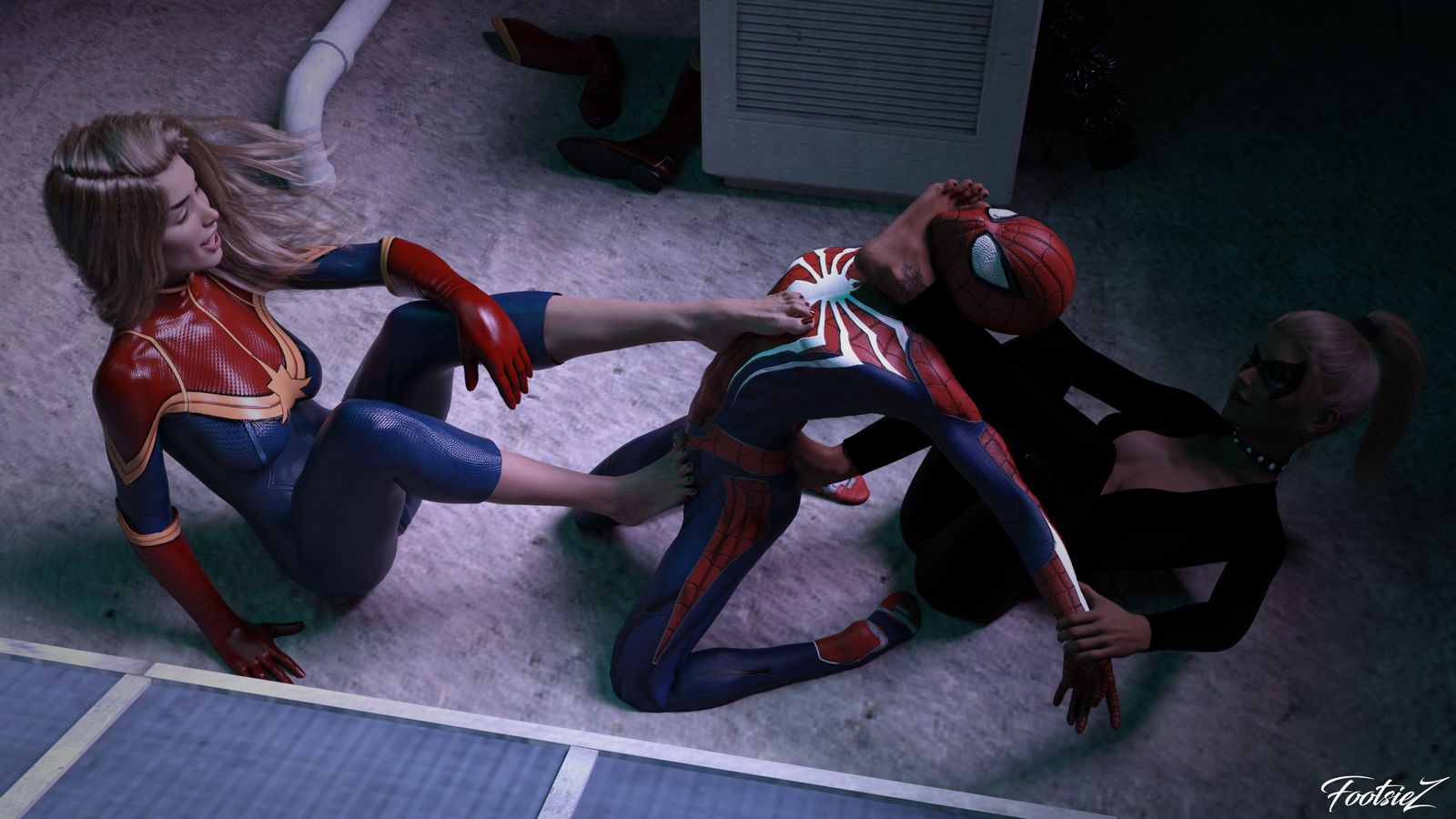 1boy, 2girls, 3d, black cat (marvel), captain marvel, carol danvers, feet, felicia hardy, female, female domination, femdom, foot fetish, footjob, footsiez, male, marvel, marvel comics, peter parker, red toenails, spider-man, spider-man (insomniac series), spider-man (ps4), spider-man (series)
