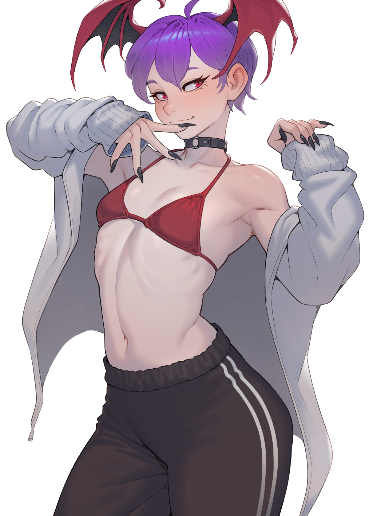 1girls, bikini top, black nail polish, capcom, cheshirrr, choker, clothing, darkstalkers, demon, female, female only, flat chest, head wings, hi res, lilith aensland, looking at viewer, o-ring choker, purple hair, red eyes, sharp fingernails, short hair, smiling, smiling at viewer, solo, succubus, very short hair, white background