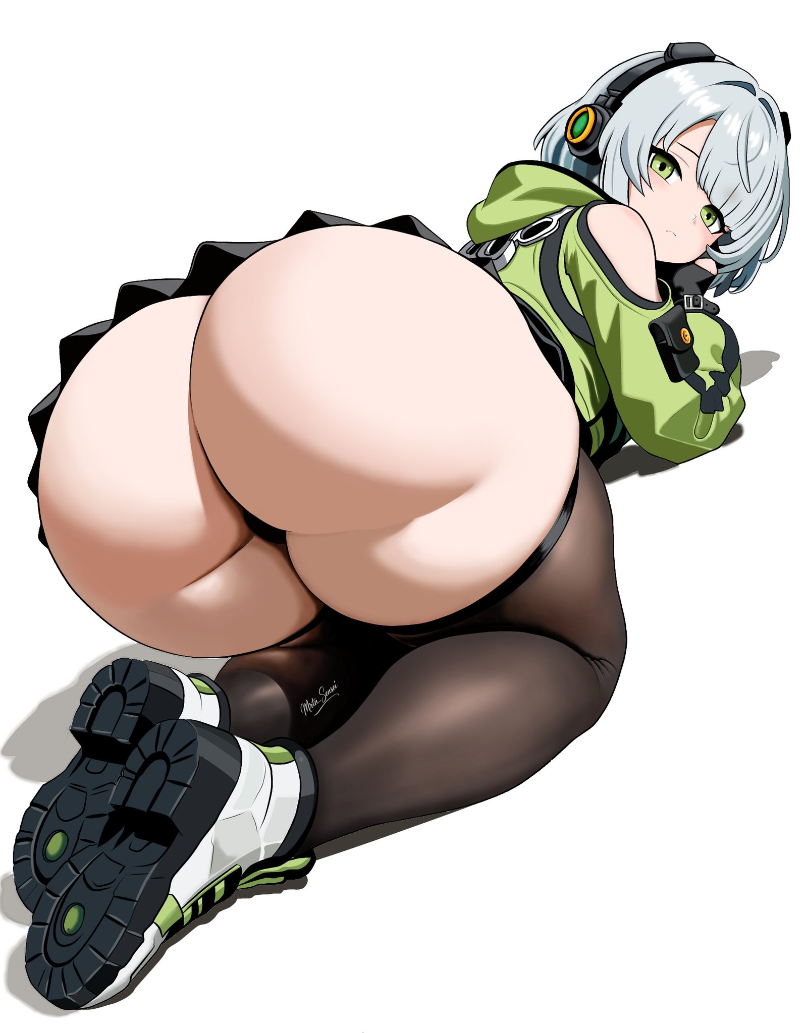 anby demara, ass, ass focus, back view, big ass, big breasts, big butt, big thighs, big titties, boots, breasts, butt focus, clothing, curvaceous, curvaceous female, curvaceous figure, curvy, curvy figure, curvy hips, female, female focus, female only, green eyes, grey hair, looking at viewer, mihoyo, miniskirt, mrtn sensei, short hair, skindentation, stockings, thigh highs, zenless zone zero