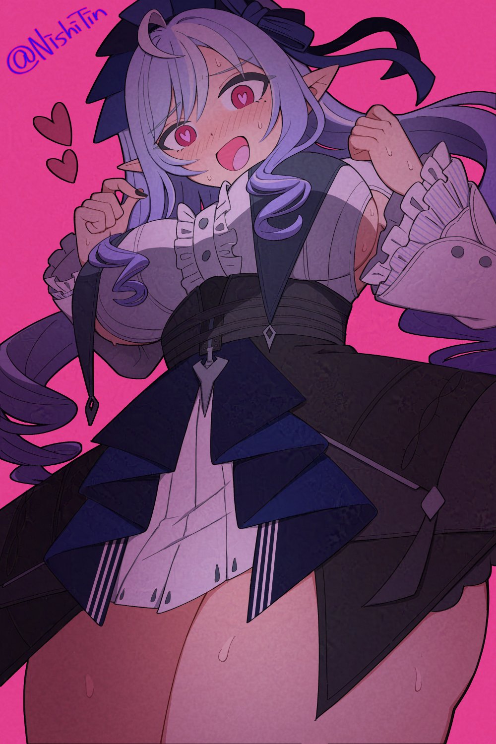:d, bare thighs, big breasts, black nails, blush, breasts, elf ears, female, female only, heart eyes, heart-shaped pupils, maid outfit, mole, mole under eye, nail polish, nishitin, painted nails, pink background, pointy ears, red eyes, red-eyed female, silver hair, silver-haired female, sweat, thick thighs, thighs, vivian (zenless zone zero), vivian banshee, zenless zone zero
