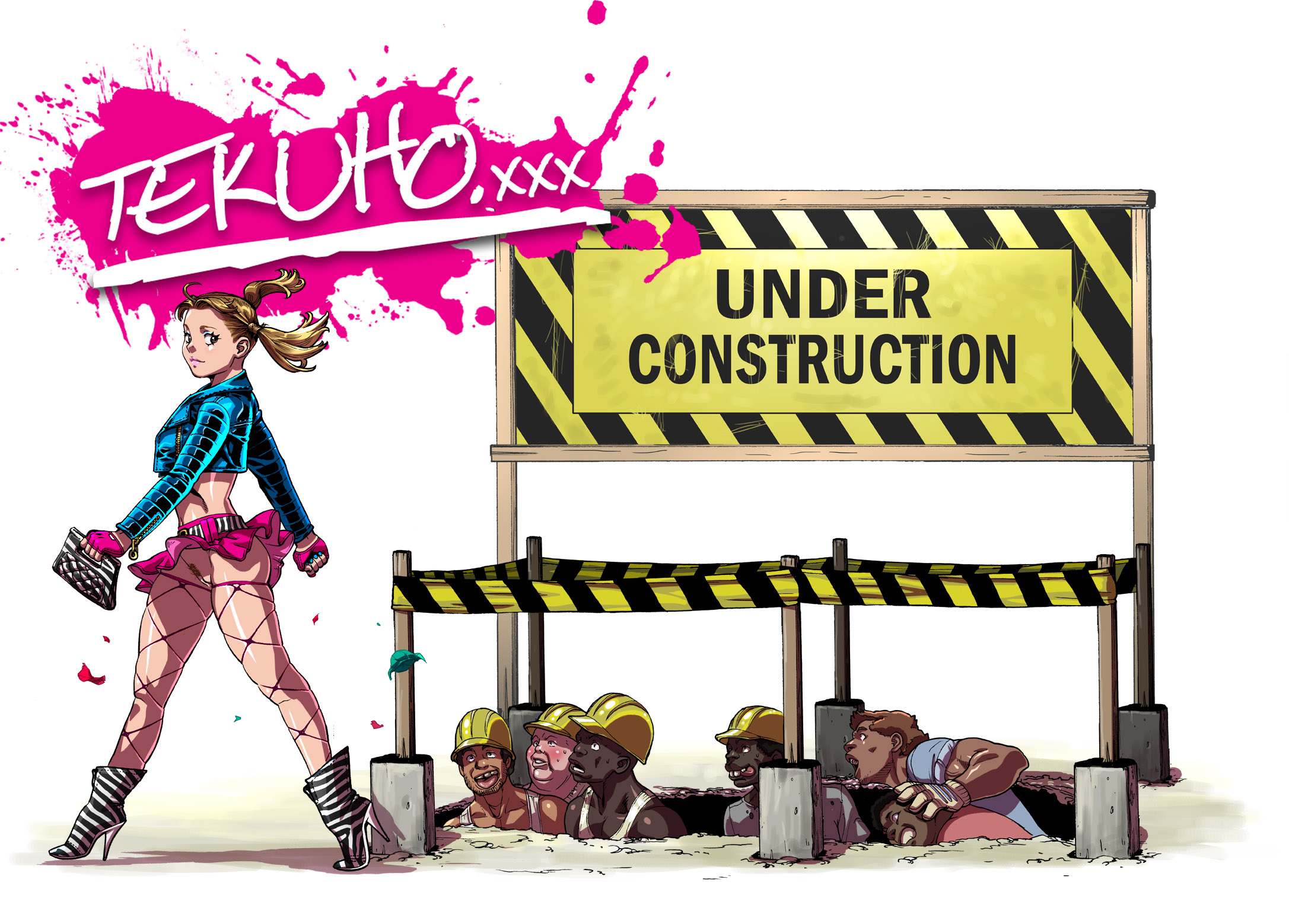 1girls, 6+boys, brown hair, construction worker, denim jacket, female, fishnets, fuck me boots, full body, high heel boots, high heels, innie pussy, lisa (tekuho), male, no panties, original, pussy, revealing clothes, skirt, tekuho, walking
