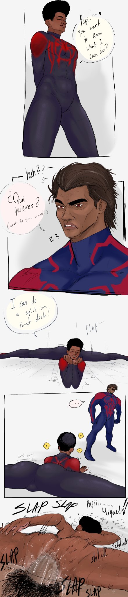 2023, 2boys, 2d, 2d (artwork), alternate version available, anal, anal sex, ass, ass focus, black hair, cum, cum drip, cum in ass, cum inside, cum on body, dark skin, dark-skinned femboy, dark-skinned male, dialogue, femboy, flexible, gay, male, male only, marvel, marvel cinematic universe, marvel comics, miguel o'hara, miles morales, notsafe4marcus, panels, plap, pubic hair, rear view, spider-man, spider-man (series), spider-man 2099, spider-man: across the spider-verse, spider-man: into the spider-verse, split, splits position, superhero, superhero costume, tall image