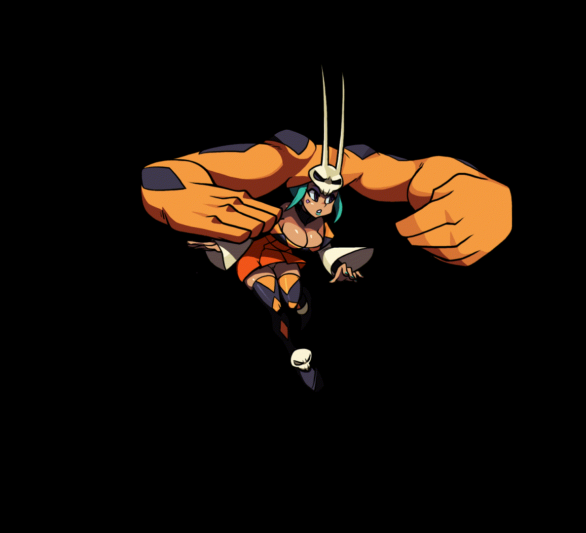 1girls, animated, bottomless, breasts, cassandra veranos, cerebella, cleavage, dark skin, dark-skinned female, edit, female, female only, fist, fists, going commando, green hair, hair, heels, kicking, lipstick, nail polish, open mouth, painted nails, pointing, pussy, skirt, skull, skullgirls, solo, upskirt, vagina, vice-versa