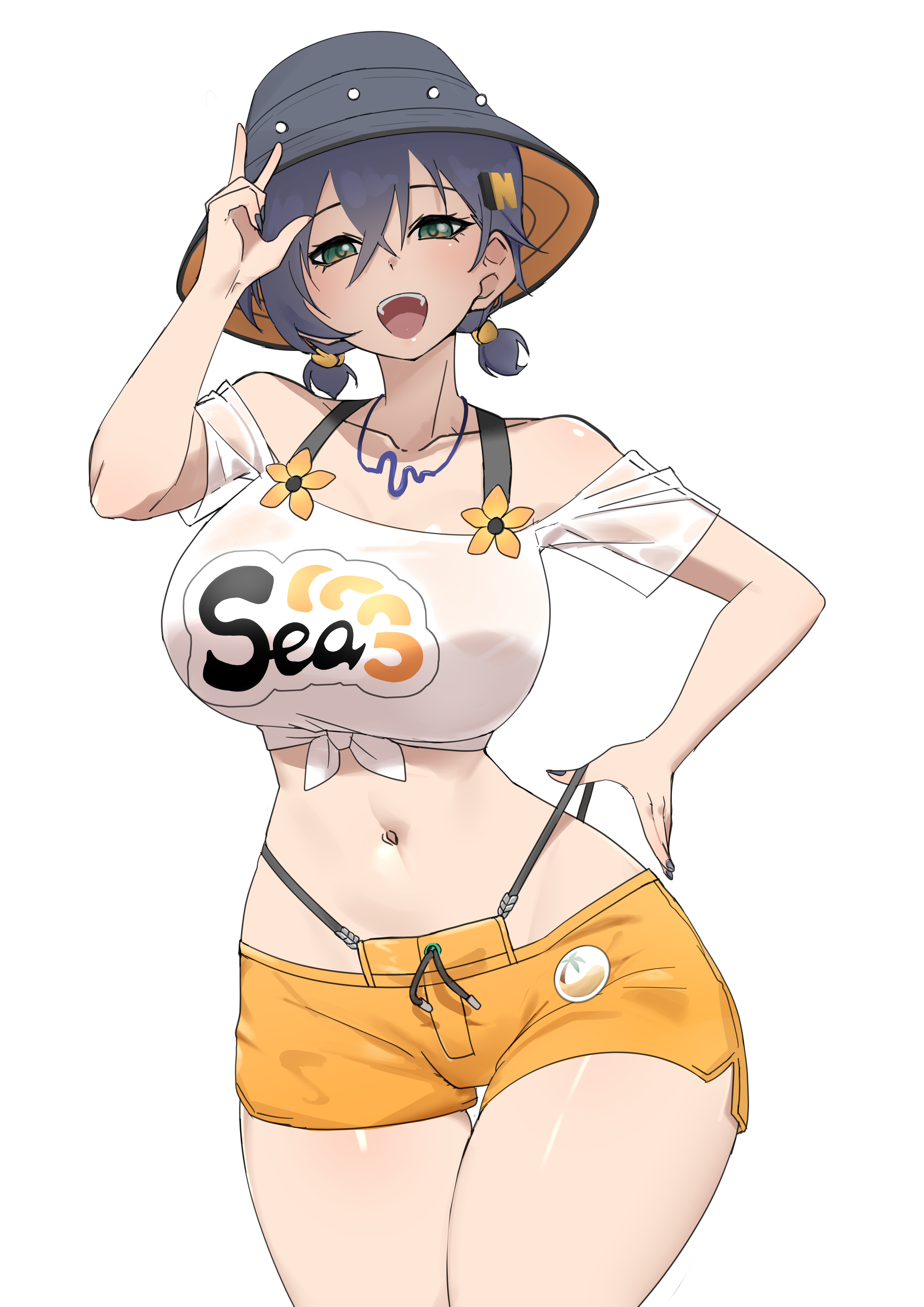 1girls, 391 aji, absurdres, alternate costume, belle (summer skies) (zenless zone zero), belle (zenless zone zero), black hat, black nails, blue hair, breasts, bucket hat, female, female only, green eyes, hair ornament, hand on own hip, hat, highleg, highleg panties, highres, large breasts, letter hair ornament, looking at viewer, nail polish, official alternate costume, orange shorts, panties, shirt, short hair, shorts, simple background, solo, tied shirt, underwear, white background, white shirt, yellow panties, zenless zone zero
