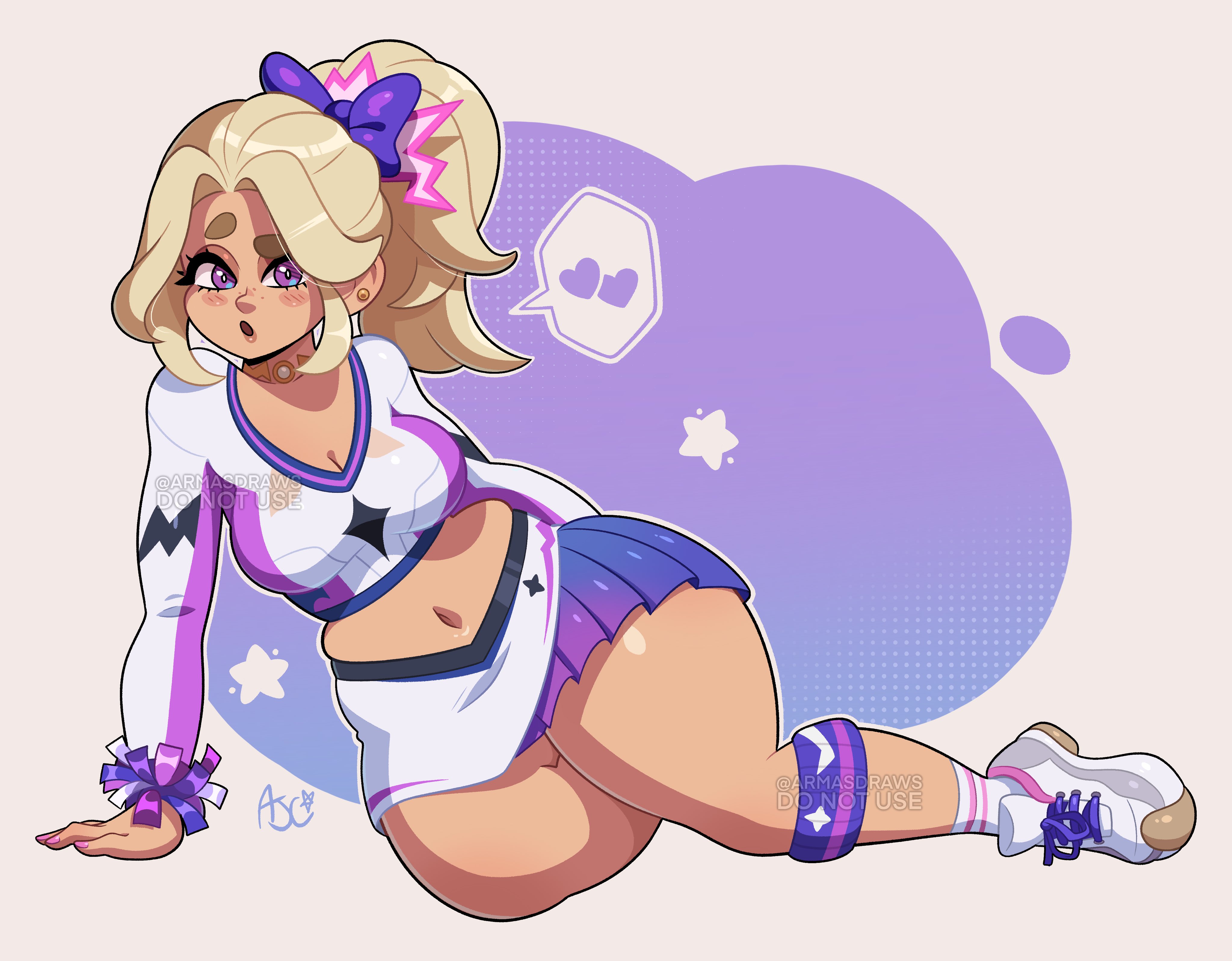 1girls, 2d, 2d (artwork), absurd res, arm support, armasdraws, artist logo, artist name, artist signature, athletic, athletic female, big thighs, blonde female, blonde hair, blonde-haired female, bottomwear, cheerleader, cheerleader uniform, clothes, clothing, colored nails, crop top, curvaceous, curvy, curvy body, curvy female, curvy figure, digital drawing (artwork), digital media (artwork), epic games, female, female only, fingernails, fit, fit female, footwear, fortnite, fortnite: battle royale, front view, full body, haylee skye (fortnite), heart, hips, hourglass figure, huge thighs, human, human only, large thighs, light skin, light-skinned female, long hair, looking at viewer, lying, lying on side, midriff, nails, navel, not furry, on side, outline, pale skin, pale-skinned female, pink nail polish, pink nails, ponytail, shoes, simple background, skirt, slim waist, smooth skin, sneakers, socks, solo, solo female, speech bubble, sports uniform, sportswear, striped clothing, striped socks, tagme, thick thighs, thighs, tied hair, topwear, watermark, white background, white outline, wide hips