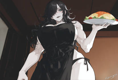 ai generated, apron, black hair, breasts, female, goth, goth mommy, hair over one eye, holding food, huge breasts, kizirugai, long hair, looking down, muscular, muscular female, panties, wide hips