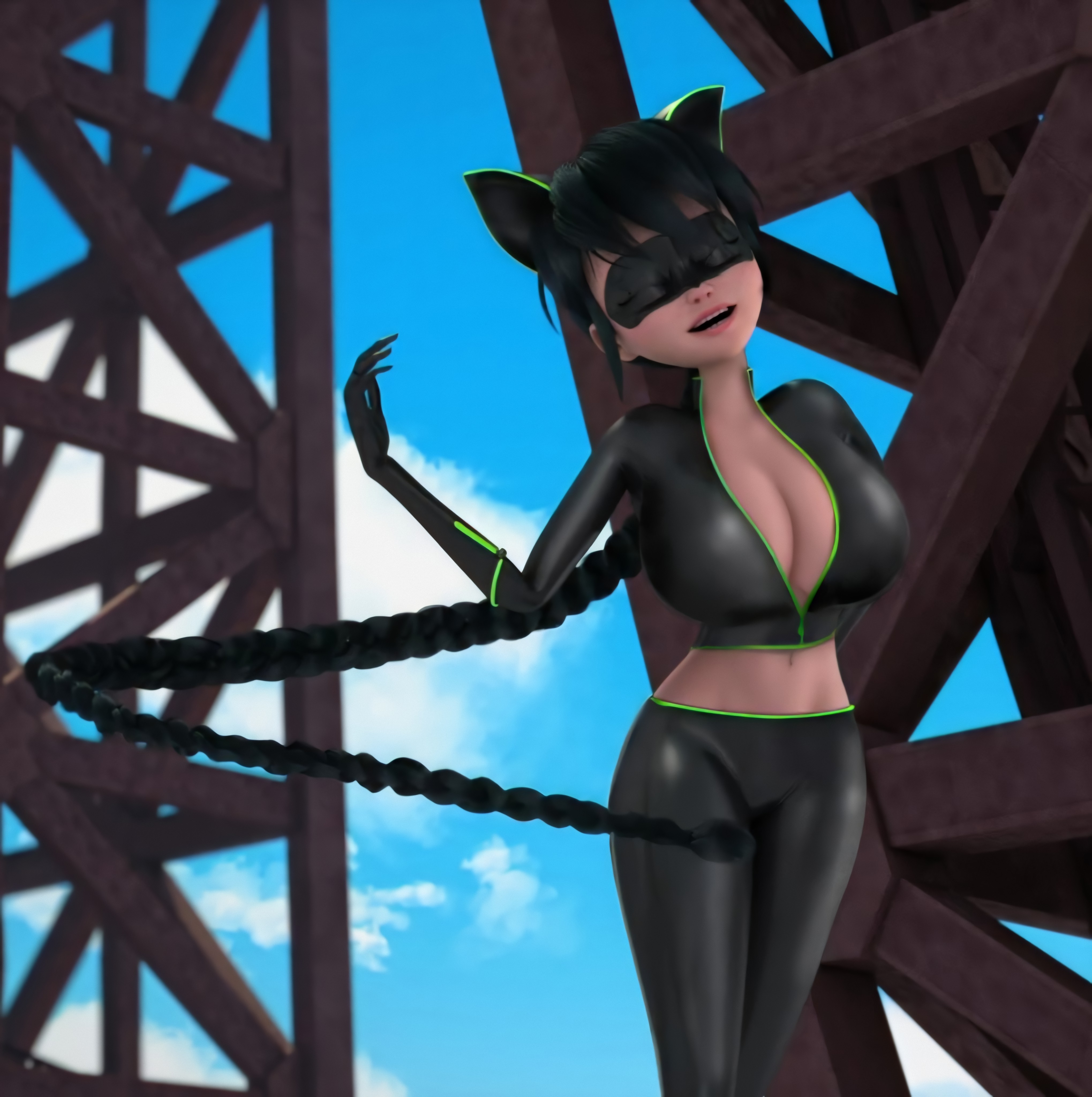 1:1, 3d, alternate breast size, alternate costume, alternate hair color, alternate hairstyle, big breasts, big eyes, breasts, female, zipper pull tab
