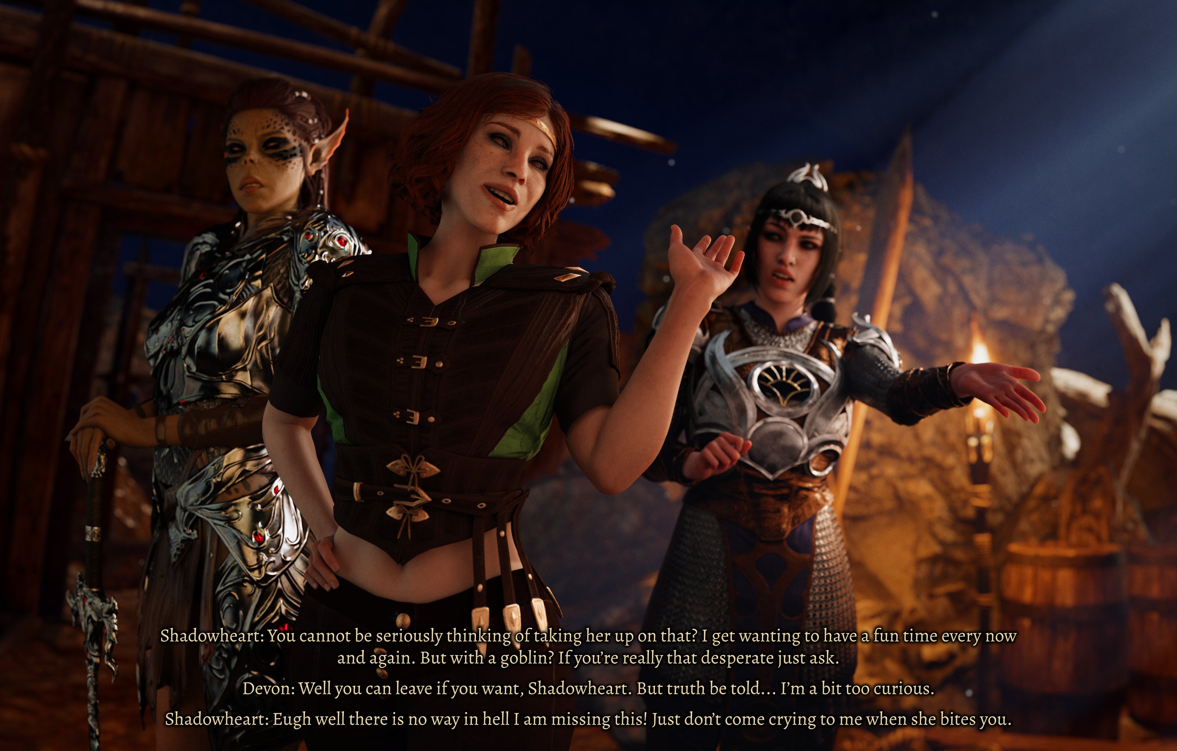 1boy, 2girls, 3d, baldur's gate, baldur's gate 3, breasts, devon (dinoboy555), dinoboy555, dungeons and dragons, female, femboy, gith, githyanki, green skin, lae'zel, male, monster, monster girl, shadowheart