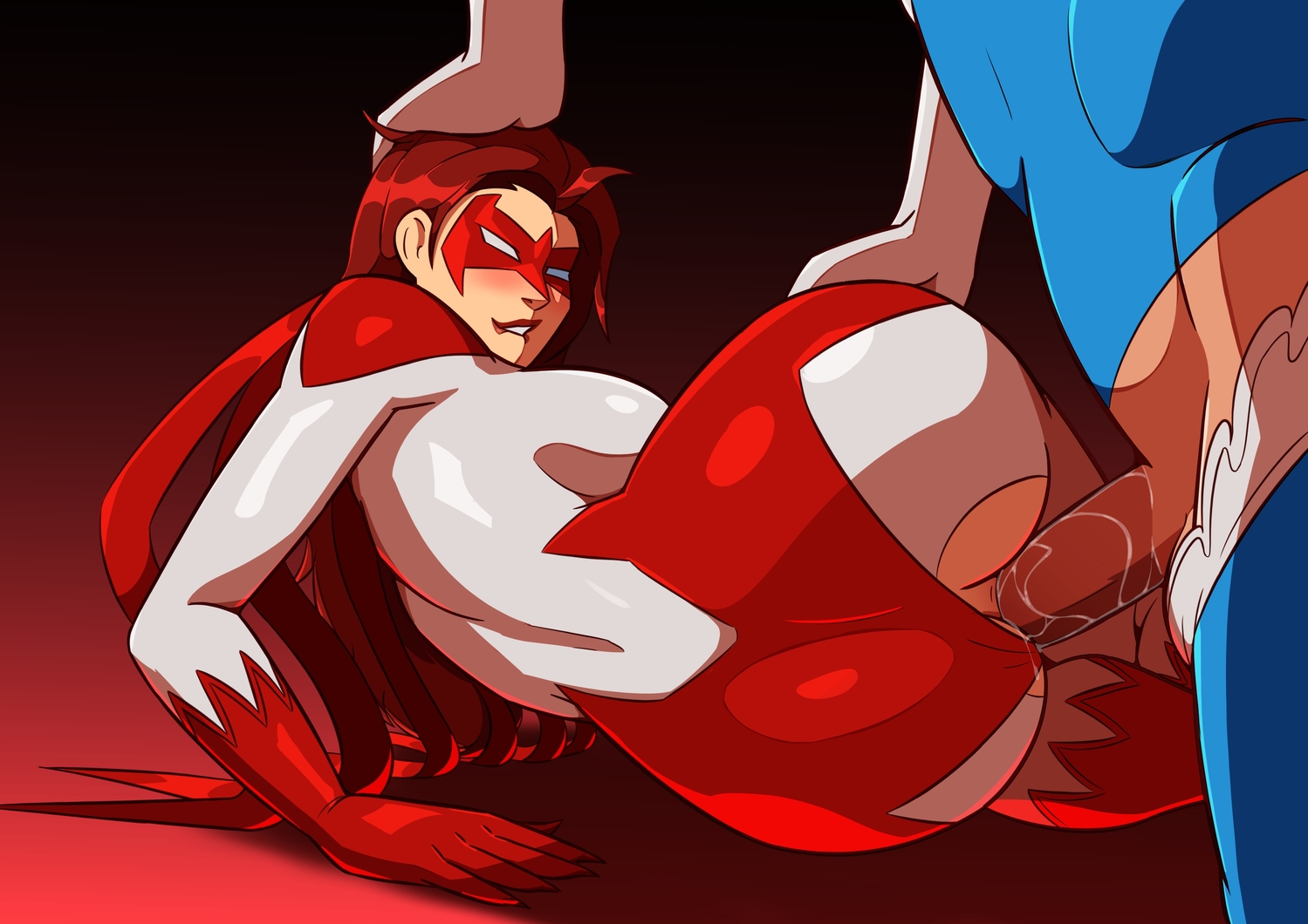 1girls, anal, anal sex, ass, bodysuit, corkscrew position, dc, dc comics, dove (dc), female, hand on another's head, hand on head, hawk (dc), hawk and dove, holly granger, hornyjaillifer, long hair, male, mask, on side, penis, penis in ass, red hair, sex, shiny clothes, skintight, superhero, superhero costume, superheroine, two-tone bodysuit
