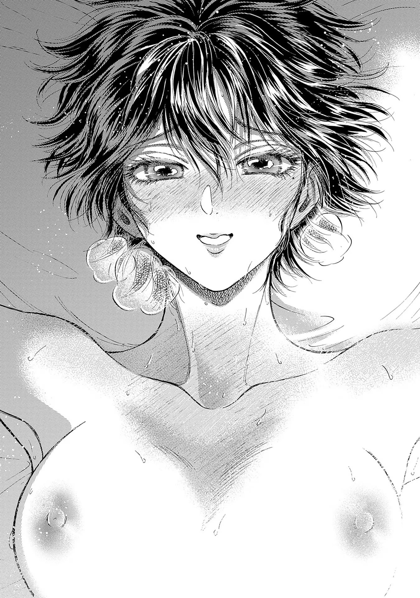 1girls, areolae, bare arms, bare shoulders, big breasts, black hair, breasts, cleavage, collarbone, female, gloves, highres, kowloon generic romance, kujirai reiko, large breasts, looking at viewer, manga, manga page, manga panel, mole under eye, nipples, no teeth, nude, nude female, open mouth, sitting, spread legs