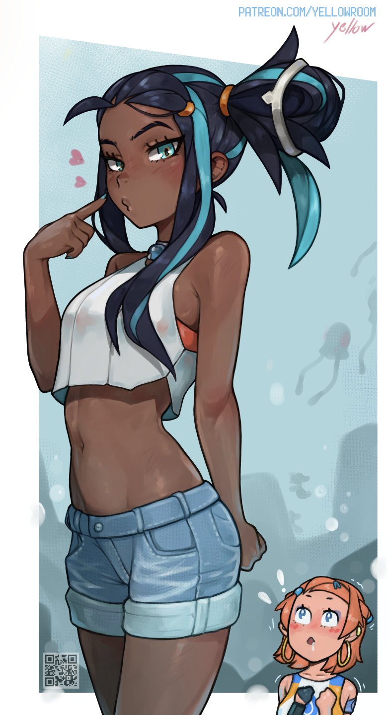 2girls, abs, alternate hairstyle, alternate outfit, armpits, bad id, bare shoulders, being watched, belly, blue background, blue eyes, blue hair, blush, breasts, cleavage, clothed, dark skin, dark-skinned female, earrings, eye contact, eyelashes, female, female only, gym leader, half-closed eyes, hourglass figure, human, human only, long hair, looking at viewer, midriff, misty (pokemon), multiple females, multiple girls, navel, nessa (pokemon), nintendo, orange hair, patreon, pokemon, pokemon rgby, pokemon ss, ponytail, qr code, saliva, shirt, short hair, shorts, small breasts, solo focus, standing, trembling, two-tone hair, url, white border, wide hips, yellowroom