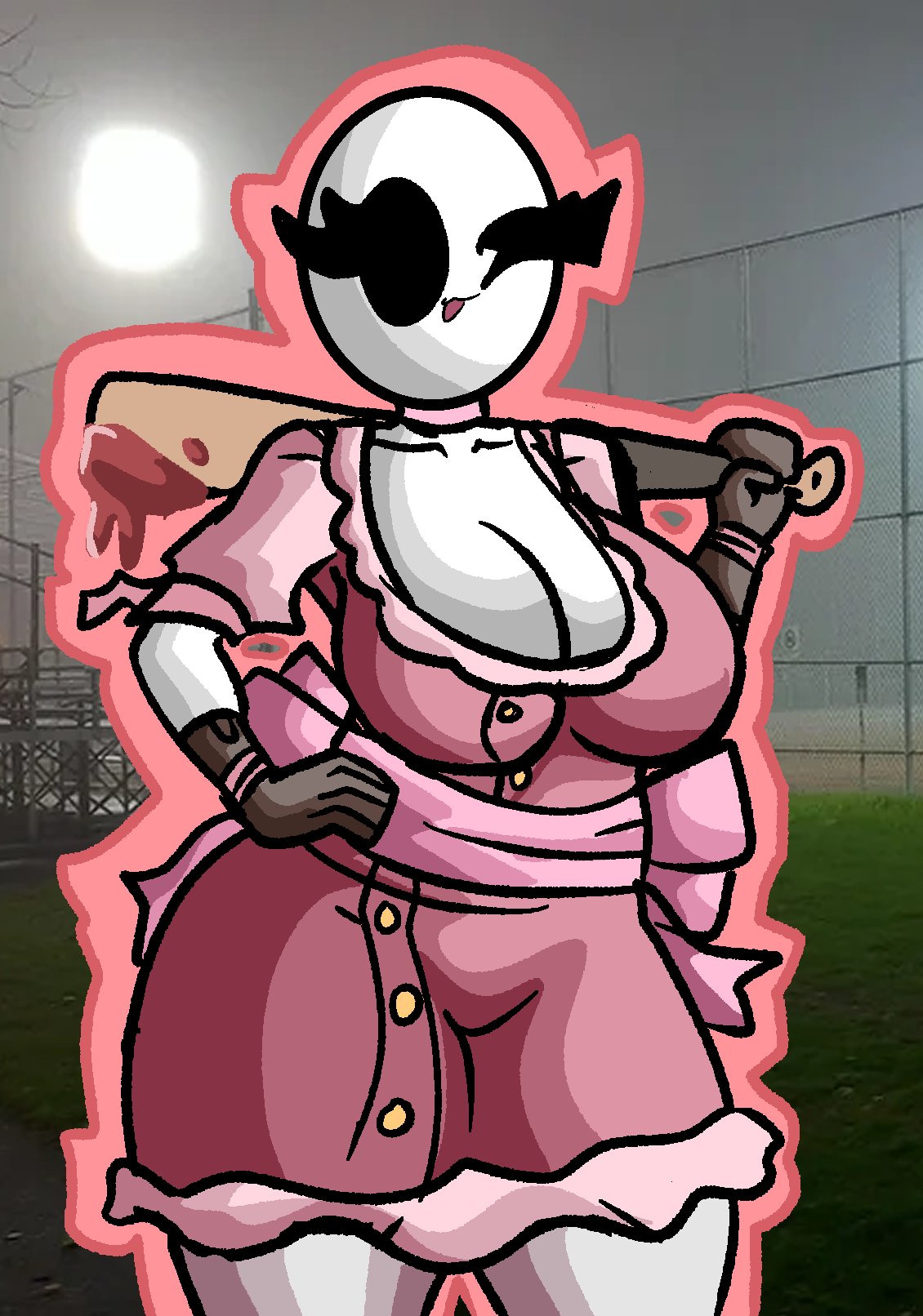 alternate_outfit bald bald_female baseball_bat bat black_eyes blood breasts brown_gloves chetoh claire_(chetoh) cleavage dress egg female female_focus female_only gloves hand_on_hip holding_object oc original original_character photo_background pink_dress ribbon tongue tongue_out white_body wink winking