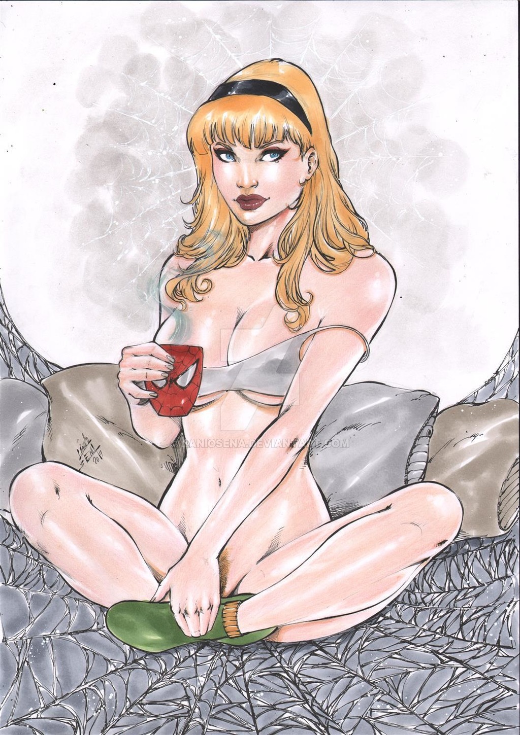 1girls 2017 belly_button big_breasts black_headband blonde_hair blonde_pubic_hair blue_eyes bottomless bra breasts busty curvaceous curvy dated deviantart ed_benes_studio erect_nipples eyeshadow female female_only green_socks gwen_stacy gwen_stacy_(classic) hairband headband lanio_sena large_breasts legs_crossed long_hair makeup marvel marvel_comics mascara midriff mug navel nipple_bulge nipples nipples_visible_through_clothing no_panties pillow pillows pinup pubic_hair red_lips red_lipstick signature sitting sitting_indian_style socks solo spider-man_(series) stomach superheroine thick_thighs thighs voluptuous watermark web webbing white_bra