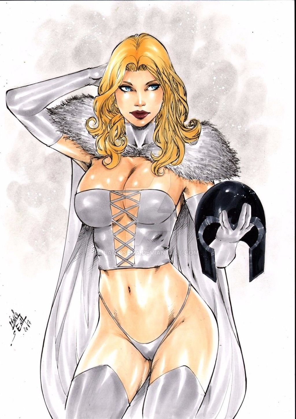 1girls 2017 belly_button big_breasts black_headwear blonde_hair blue_eyes bra breasts busty cameltoe cape cleavage corset curvaceous curvy dated deviantart distracting_watermark ed_benes_studio emma_frost eyeshadow female female_only fur fur_coat fur_collar fur_trim gloves hand_on_head headwear helmet holding_helmet holding_object homo_superior human lanio_sena large_breasts long_hair makeup marvel marvel_comics mascara midriff mutant navel panties pinup red_lips red_lipstick signature solo stomach superheroine supervillain telepath thick_thighs thighhighs thighs thong underwear voluptuous watermark white_cape white_collar white_corset white_fur white_gloves white_panties white_queen white_thighhighs x-men