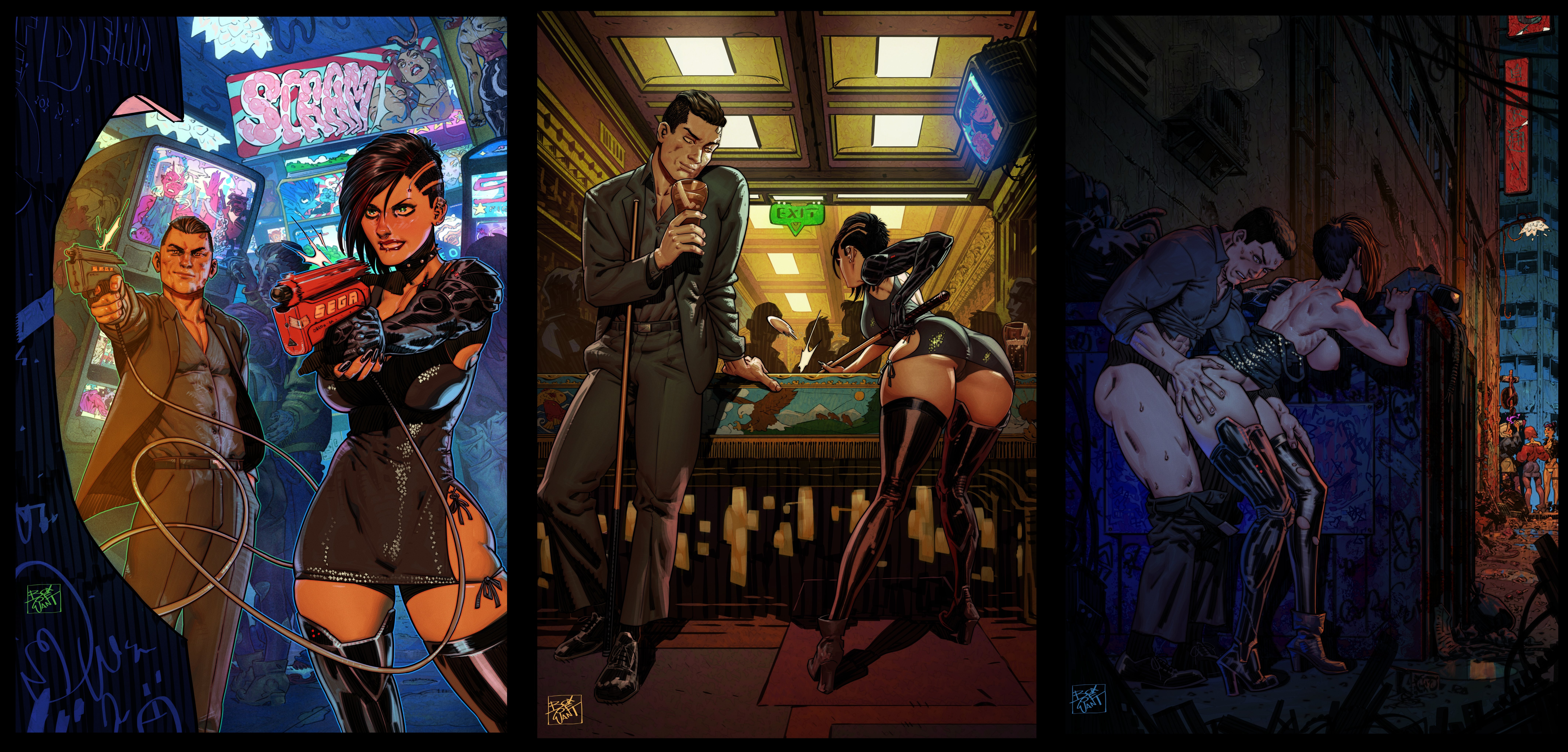 1boy, 1boy1girl, 1girls, absurd res, admiring, admiring ass, alley, alley sex, alleyway, ambiguous penetration, ankle boots, arcade, arcade machine, ass, big breasts, biting lip, biting own lip, black dress, black hair, black thighhighs, bolt on tits, boots, boxofwant, breasts, comic, commission, cyberpunk, cyborg, date, date night, dumpster, duo, female, green eyes, grey suit, hidden sex, highres, hip vent, holding gun, large breasts, looking at ass, male, mechanical arm, mechanical leg, minidress, nefera, nipples, no panties, prosthesis, pussy, pussy peek, sega, sex, shadowrun, short hair, sidecut, single mechanical arm, single mechanical leg, snooker table, stitched, straight, suit, textless, thighhighs