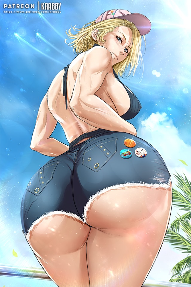 alternate breast size, alternate version available, android 18, ass, back, badge, beach, big ass, big butt, bikini, blonde hair, blue background, blue eyes, bottom heavy, breasts, bubble ass, bubble butt, clothed, clouds, day, dragon ball, dragon ball z, eye contact, fat ass, female, female only, half-closed eyes, hat, huge ass, krabby (artist), large ass, large breast, looking at viewer, looking back, looking down, outdoors, palm tree, pose, shorts, sideboob, sky, sun, thick ass, thick thighs, wide hips