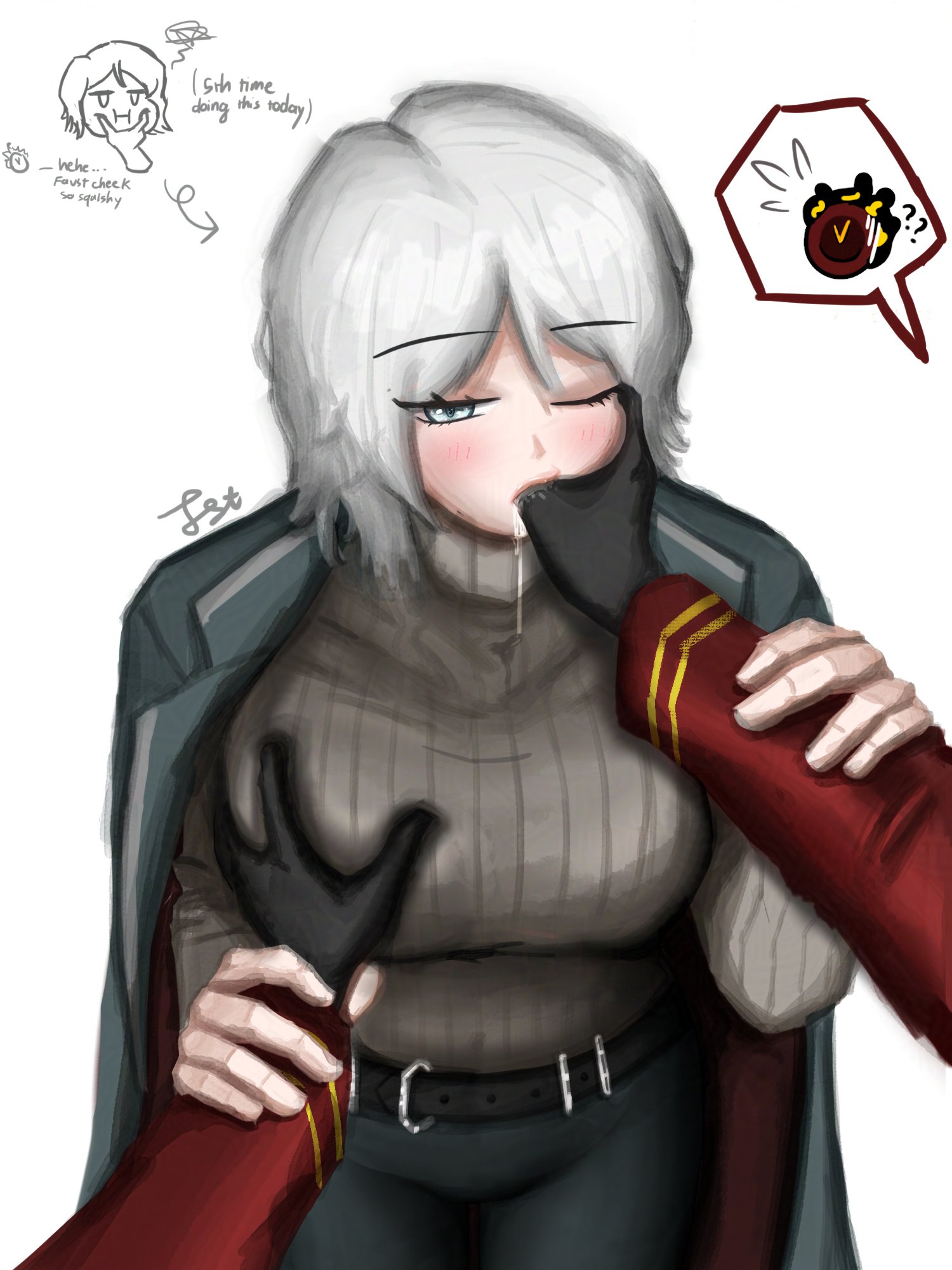 1girls, 1other, ambiguous gender, breasts, dante (limbus company), drool, drooling, faust (limbus company), female, finger in mouth, gloves, grabbing breasts, grope, groping, groping breasts, kid named finger, limbus company, project moon, senli (artist), sucking fingers, tagme
