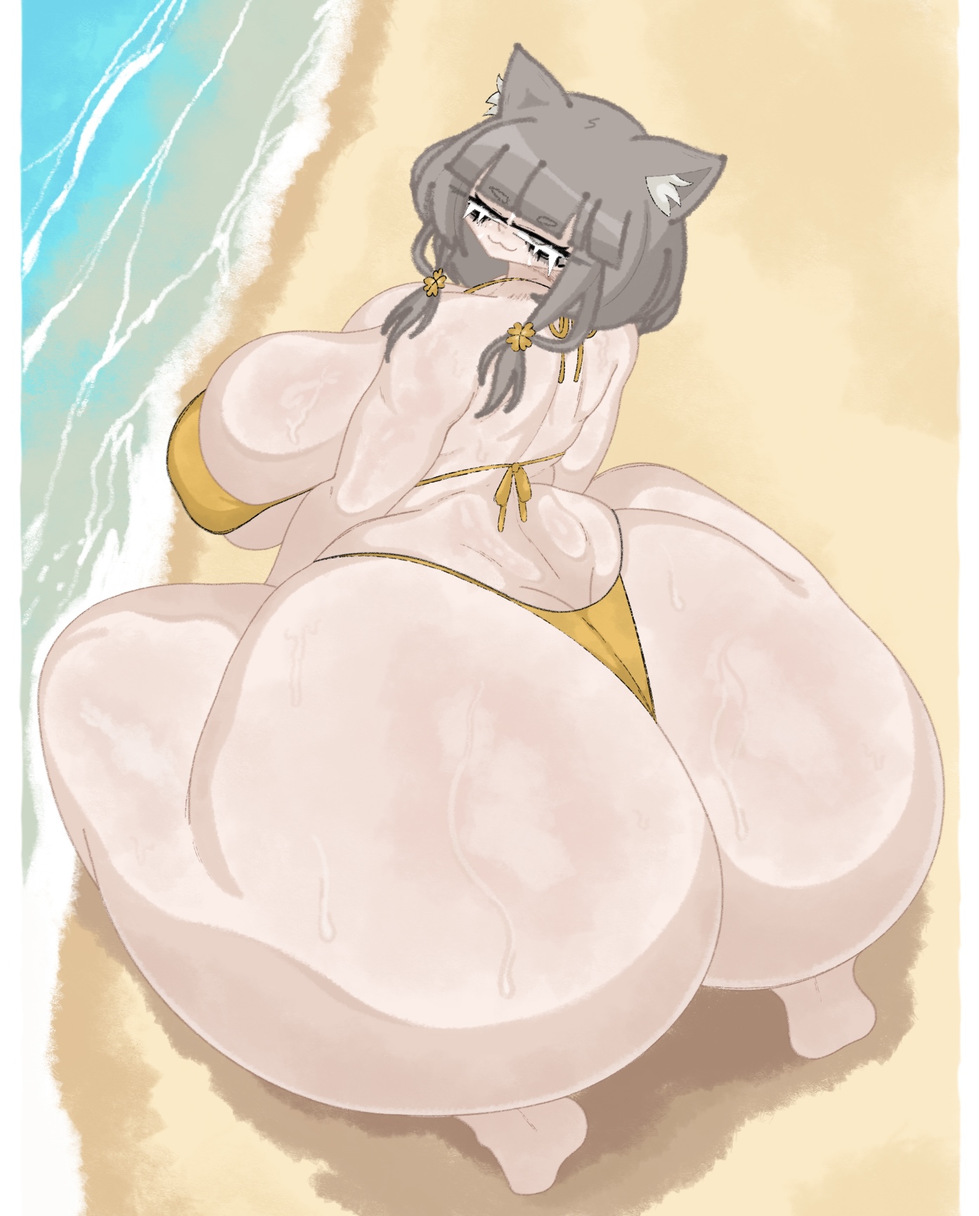 almost naked, ass, barefoot, beach, big breasts, bikini, breasts, bubble ass, bubble butt, female, fizzybiscuits, hyper, hyper ass, looking at viewer, nia, nintendo, on knees, sitting, smug, sweaty, thick thighs, xenoblade (series), xenoblade chronicles 2