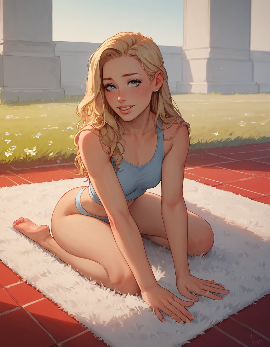 blonde_female blonde_hair blonde_hair_female blush blushing_female earrings feet foot_fetish gray_eyes in_public kneeling leaning_forward panties sitting sitting_down sitting_on_floor yoga_pants