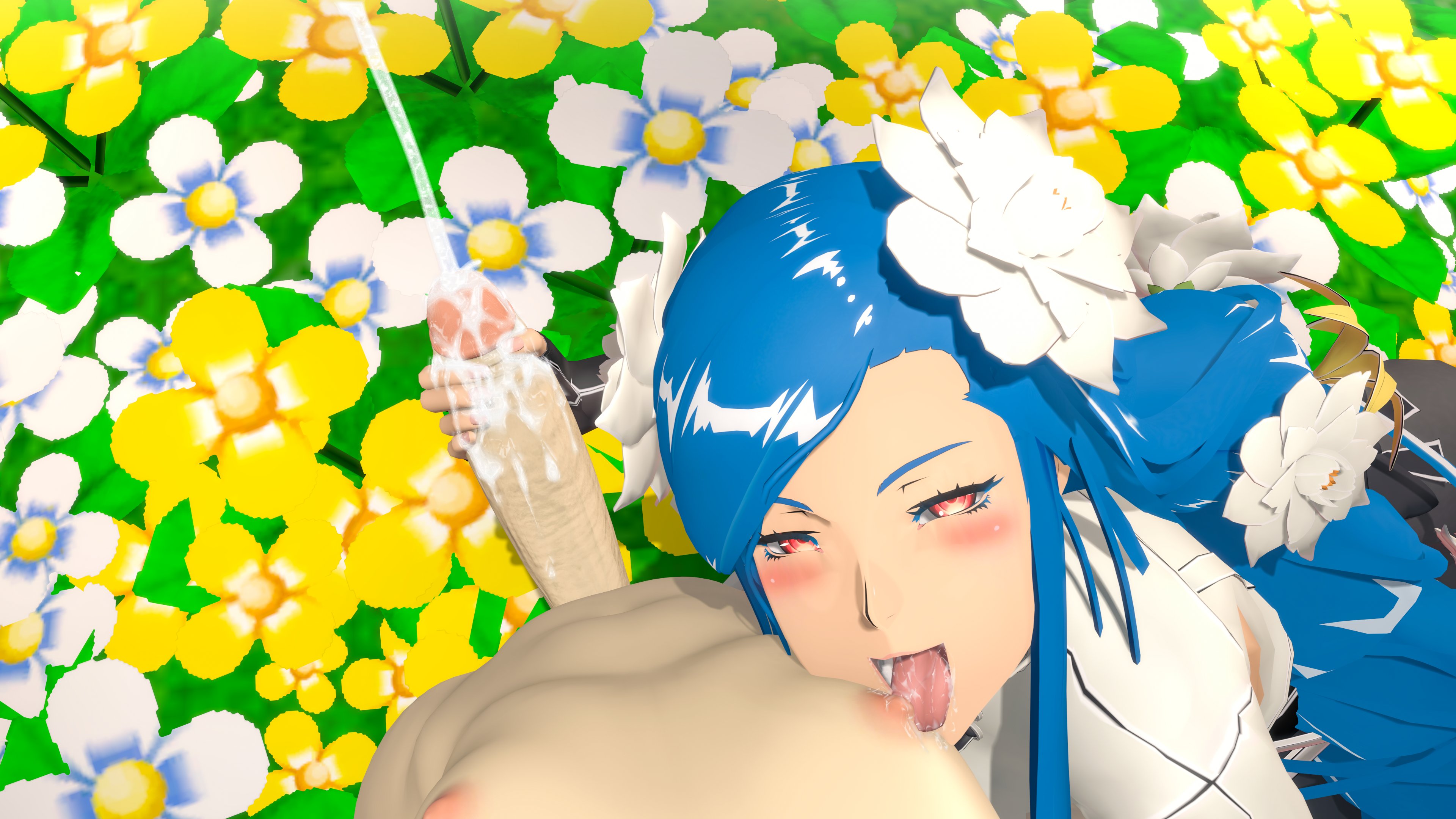 1boy, 1girls, 3d, 3d (artwork), blue hair, blush, braid, braided hair, breasts, cum, cumshot, dizzy (guilty gear), female, guilty gear, guilty gear strive, handjob, licking nipples, light skin, light-skinned female, long hair, looking at viewer, male, mature female, milf, nipples, penis, queen dizzy, red eyes, reverse nursing handjob, tagme, theboobedone