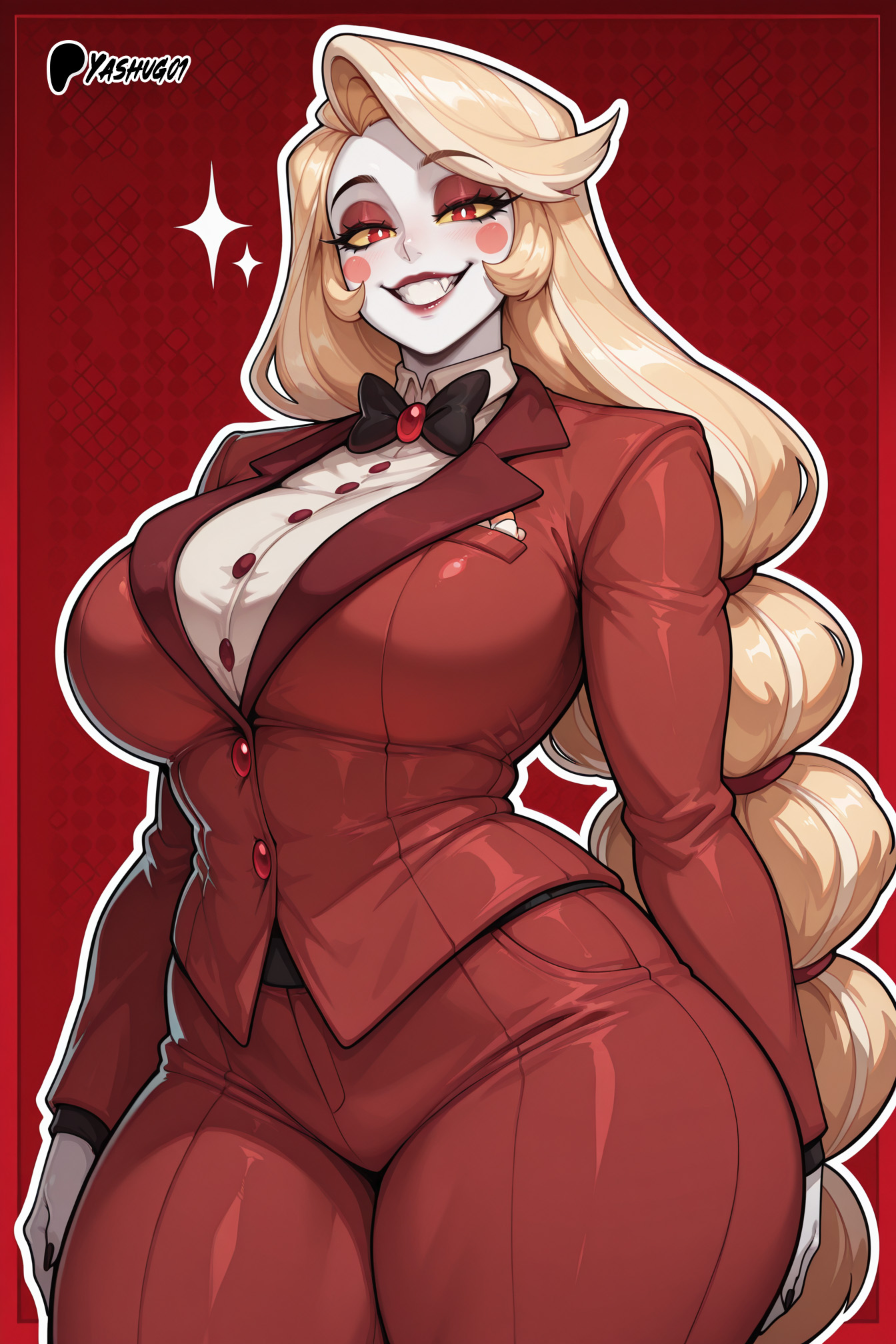 ai generated, bare thighs, blonde hair, blush, breasts, charlie morningstar (hazbin hotel), demon, demon girl, female, gigantic breasts, hazbin hotel, heart-shaped pupils, huge breasts, huge thighs, long hair, looking at viewer, massive breasts, red pupils, smiling, solo female, squatting, sweat, sweatdrop, thick body, thick female, thick thighs, thighs, very long hair, voluptuous, voluptuous female, white body, white skin, yashugai, yellow eyes