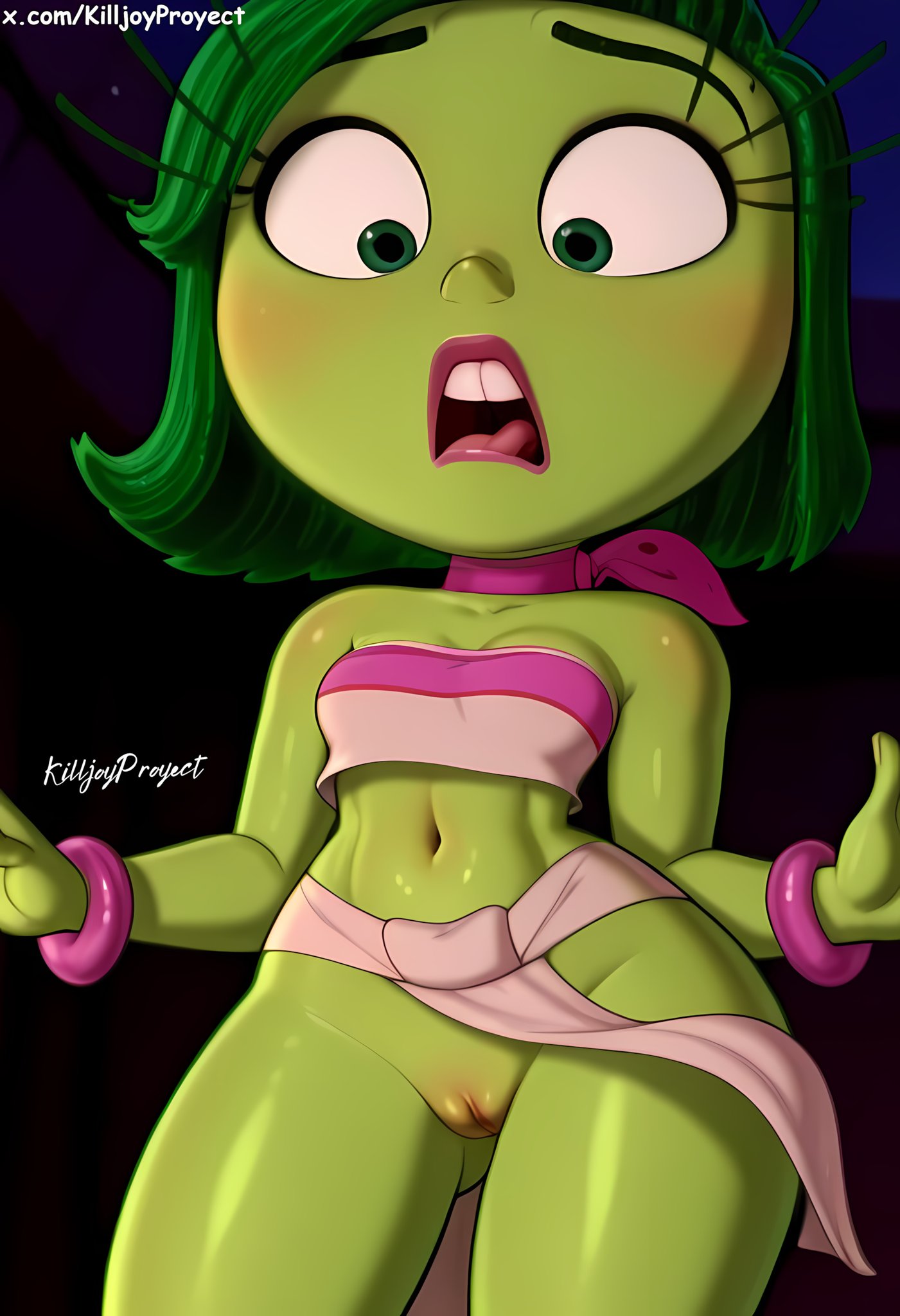 ai_generated chel_(cosplay) clothed clothing colored_skin crop_top disgust_(inside_out) green_eyes green_hair green_skin inside_out inside_out_2 killjoyproject lipstick loincloth night_sky no_panties open_mouth outdoors perfect_body pixar pussy short_hair small_breasts teeth thighs wind_lift