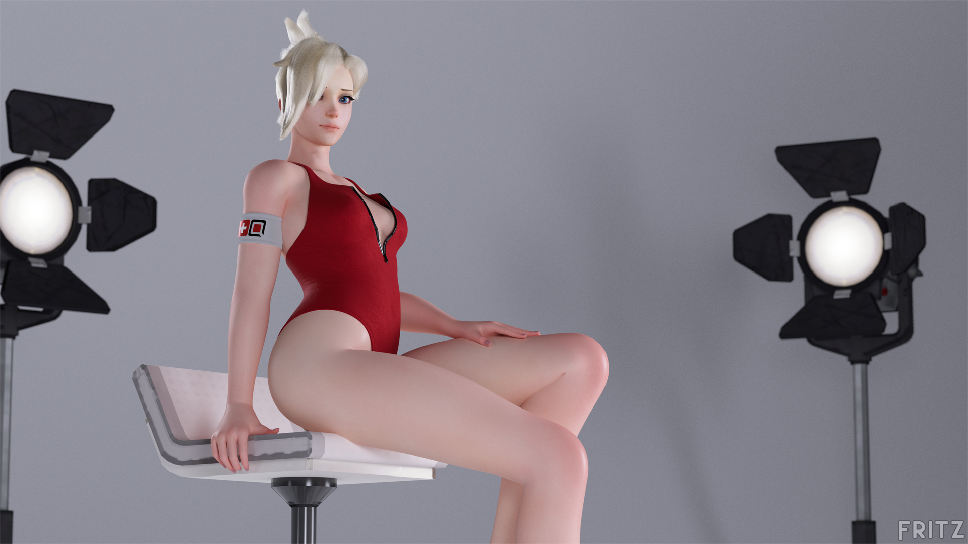 1girls, 3d, blizzard entertainment, blonde hair, breasts, cleavage, female, female only, fritzhq, lifeguard, looking at viewer, mercy, one-piece swimsuit, overwatch, pinup, solo, swimsuit