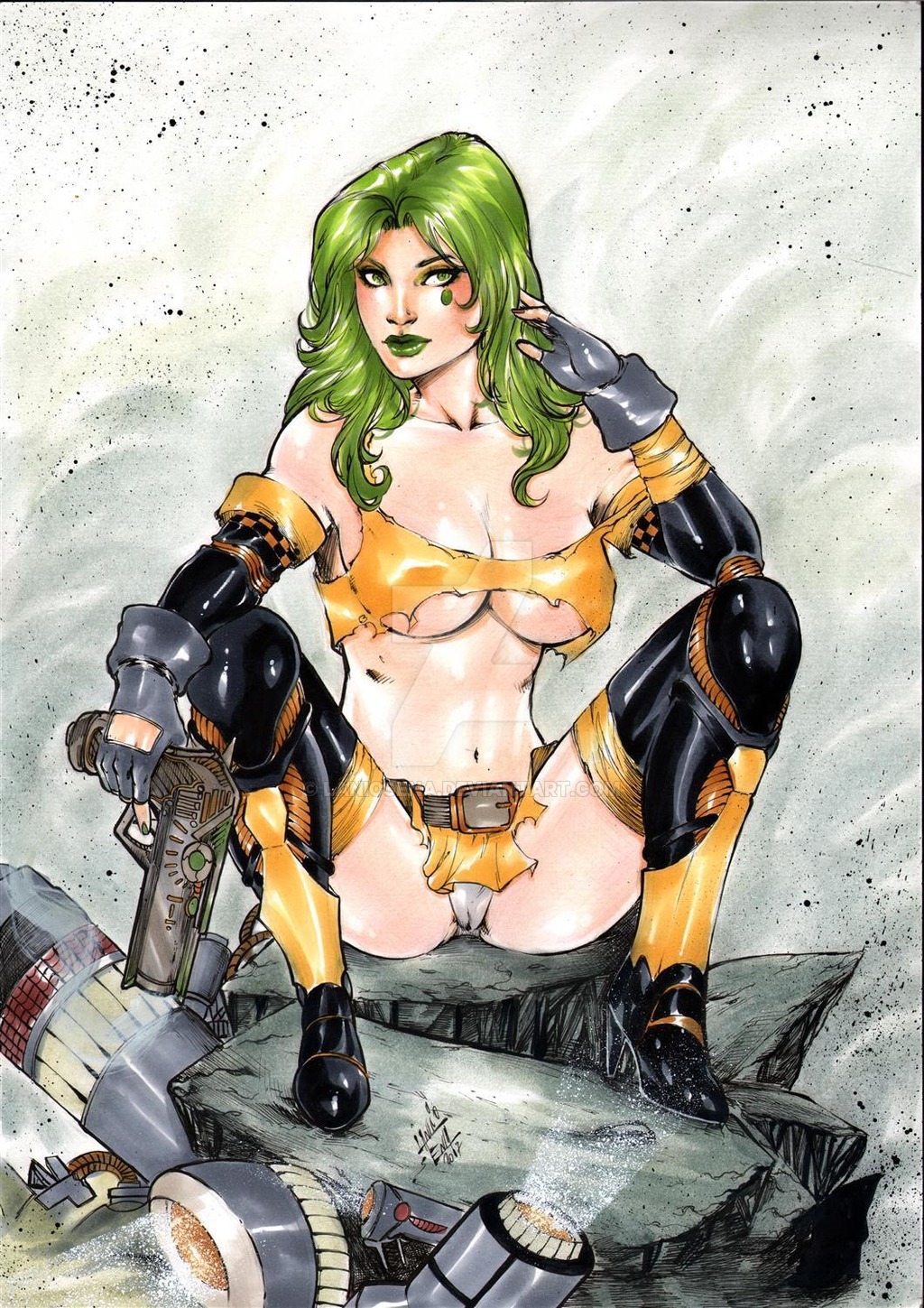 1girls 2017 aphrodite_ix aphrodite_ix_(series) assassin belly_button big_breasts black_sleeves black_thighhighs bra breasts busty cleavage curvaceous curvy dated deviantart ed_benes_studio face_tattoo female female_only fingerless_gloves gloves green_eyes green_eyeshadow green_hair green_lips green_lipstick green_tattoo grey_gloves grey_panties grey_thong gun gynoid holding_gun holding_pistol holding_weapon image_comics lanio_sena large_breasts legs_spread long_hair makeup mascara midriff miniskirt nail_polish navel panties pinup pistol red_nail_polish red_nails robot_girl rock rocks rubble ruins short_skirt signature sitting skirt sleeves solo spread_legs squatting stomach tattoo technology thick_thighs thighhighs thighs thong top_cow voluptuous watermark weapon yellow_bra yellow_skirt